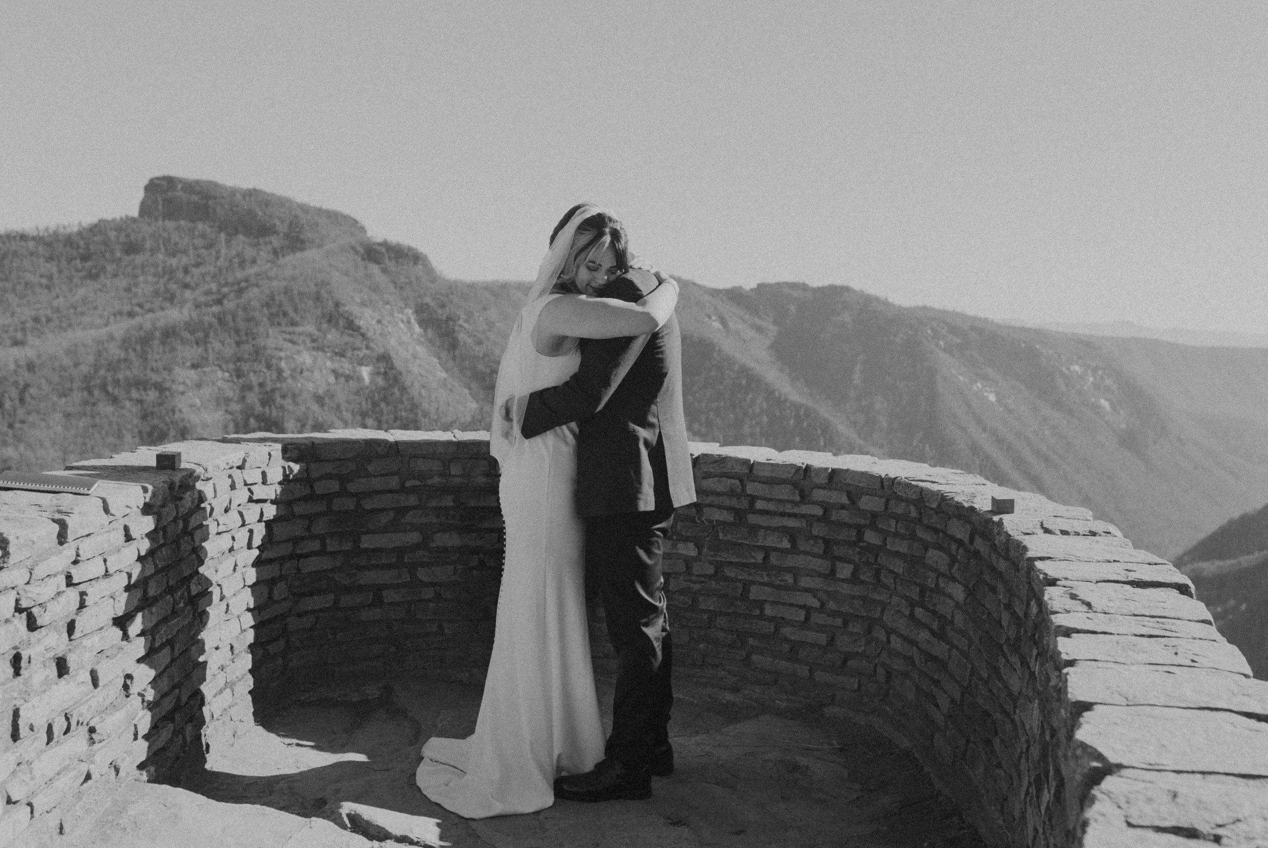 Wide view of Asheville elopement ceremony with mountains stretching into the distance