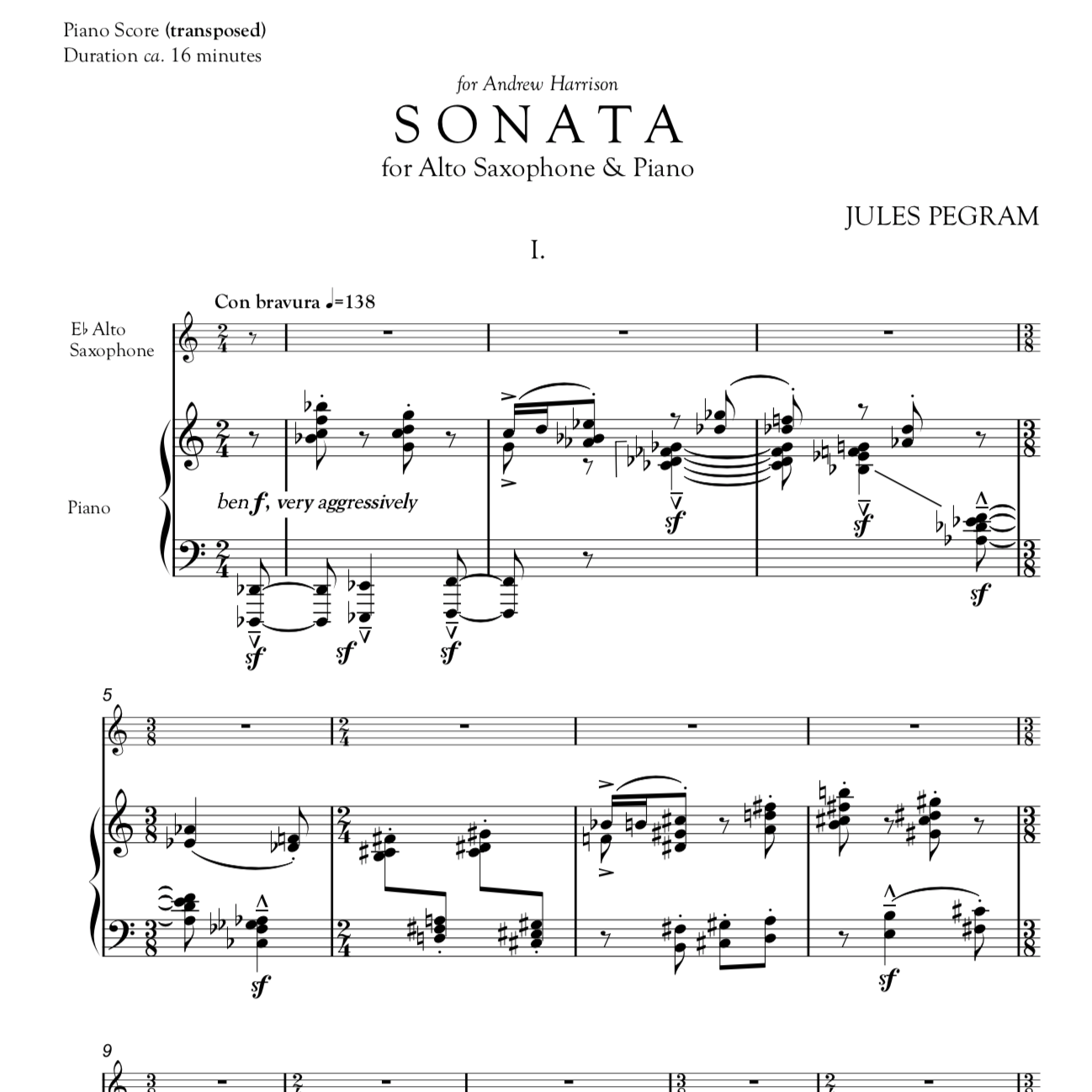 SONATA FOR ALTO SAXOPHONE & PIANO (Piano Score, Part) — Jules Pegram