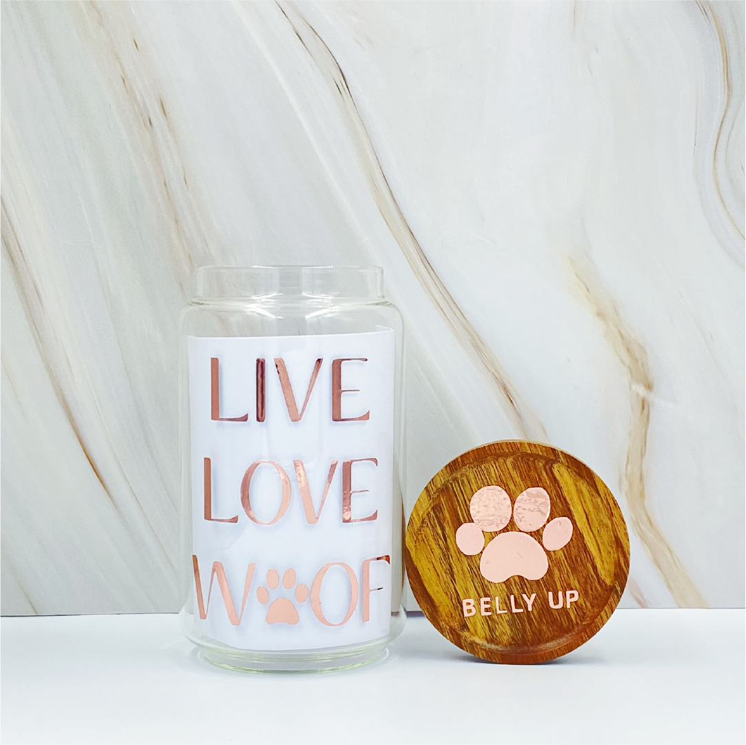 Singapore Pet Treat Glass Jar Wooden Lid Custom Labels Iridescent Gold Black Rose Gold