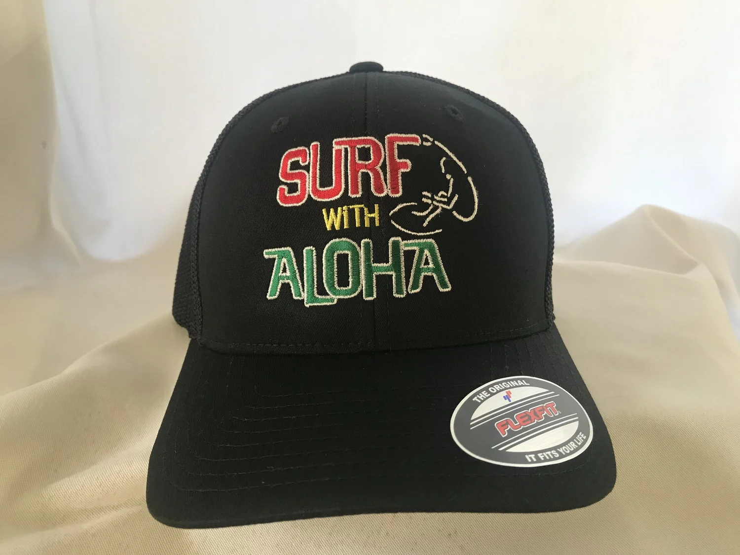 SURF WITH ALOHA RASTA Flexfit Trucker Hat, Black — Hawaii Surf Guru Surf  School