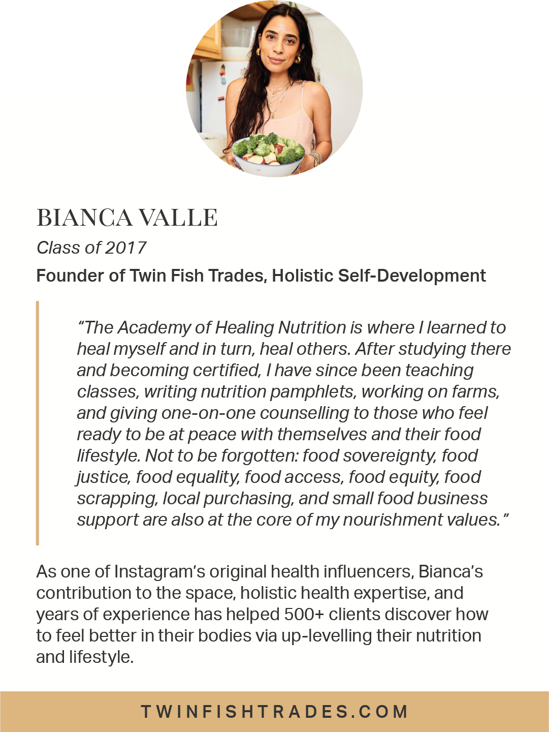  As one of Instagram’s original health influencers, Bianca’s contribution to the space, holistic health expertise, and years of experience has helped clients discover how to feel better in their bodies via up-levelling their nutrition and lifestyle. 