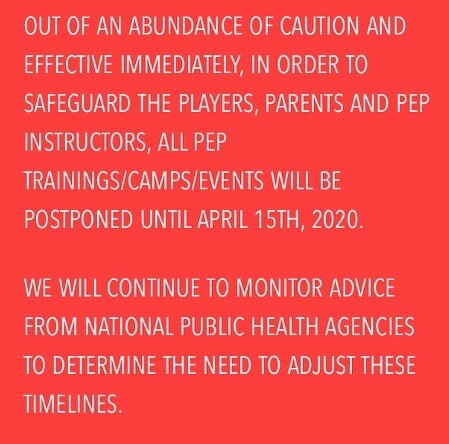 As per @power_edge_pro all camps and sessions have been put on hold until April 15th. We understand that this current timeline does impact currently booked spring sessions. Our plan is to reschedule the sessions affected when appropriate to do so. We
