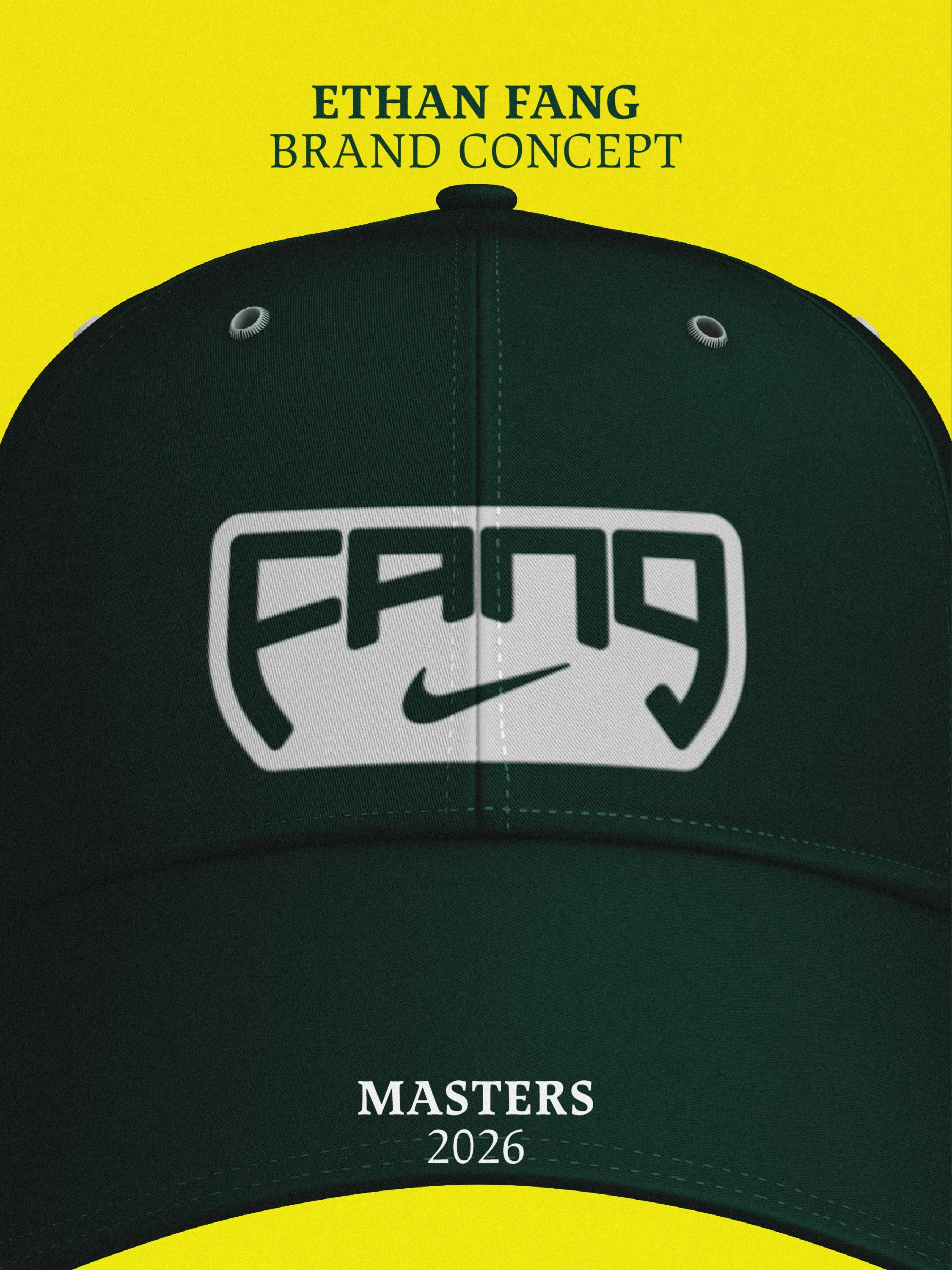 A black golf cap with a white and green logo on the front, featuring the word 'FEU' and a small Nike swoosh, with the text 'Ethan Fang Brand Concept Masters 2026' on a yellow background.