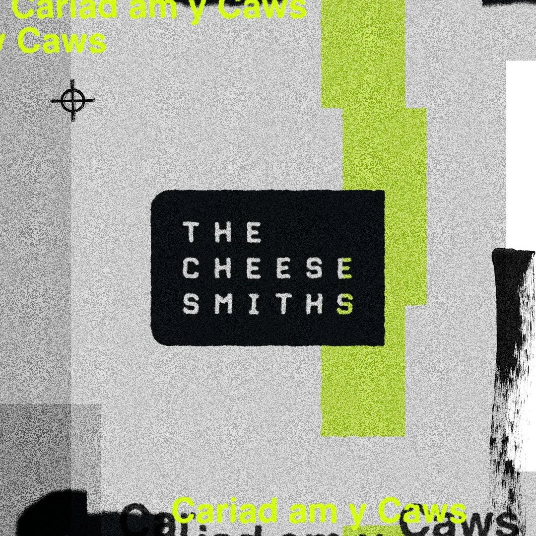 Close-up of a logo that reads 'The Cheese Smiths' on a black background, surrounded by a lime green vertical strip and lime green text in the background.