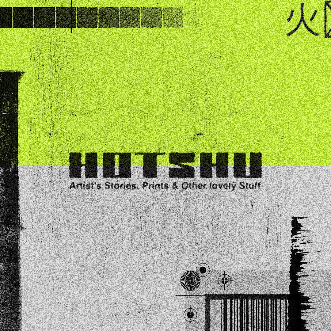The image shows a partial view of a sign or poster with the large text 'HOTSUN' and the subtitle 'Artist's Stories, Prints & Other Lovely Stuff'. The background features a highlighter green color and some black and white graphic elements, including b