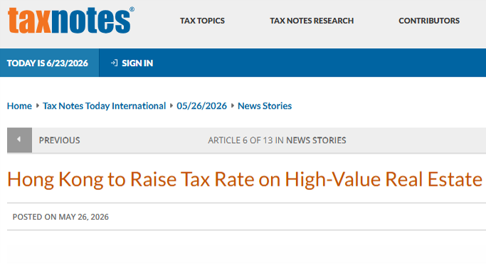 Tax Notes Today International Features Kenneth's Expert View on Hong Kong's Latest Stamp Duty Move
