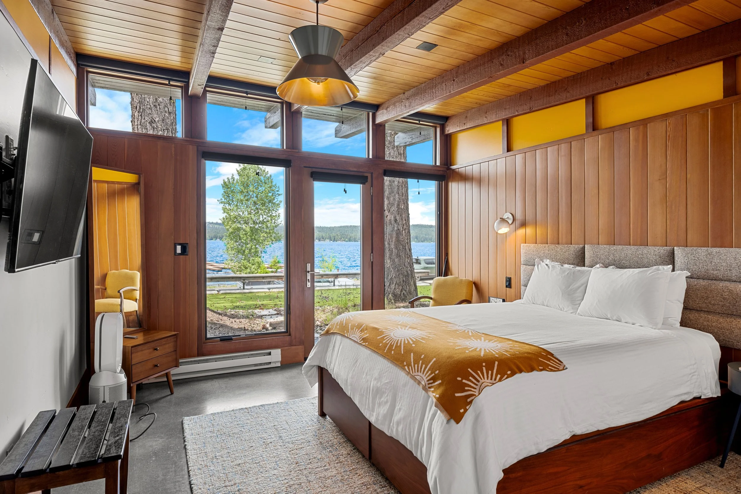Guest room at the Glass House in McCall Idaho overlooking Lake Payette