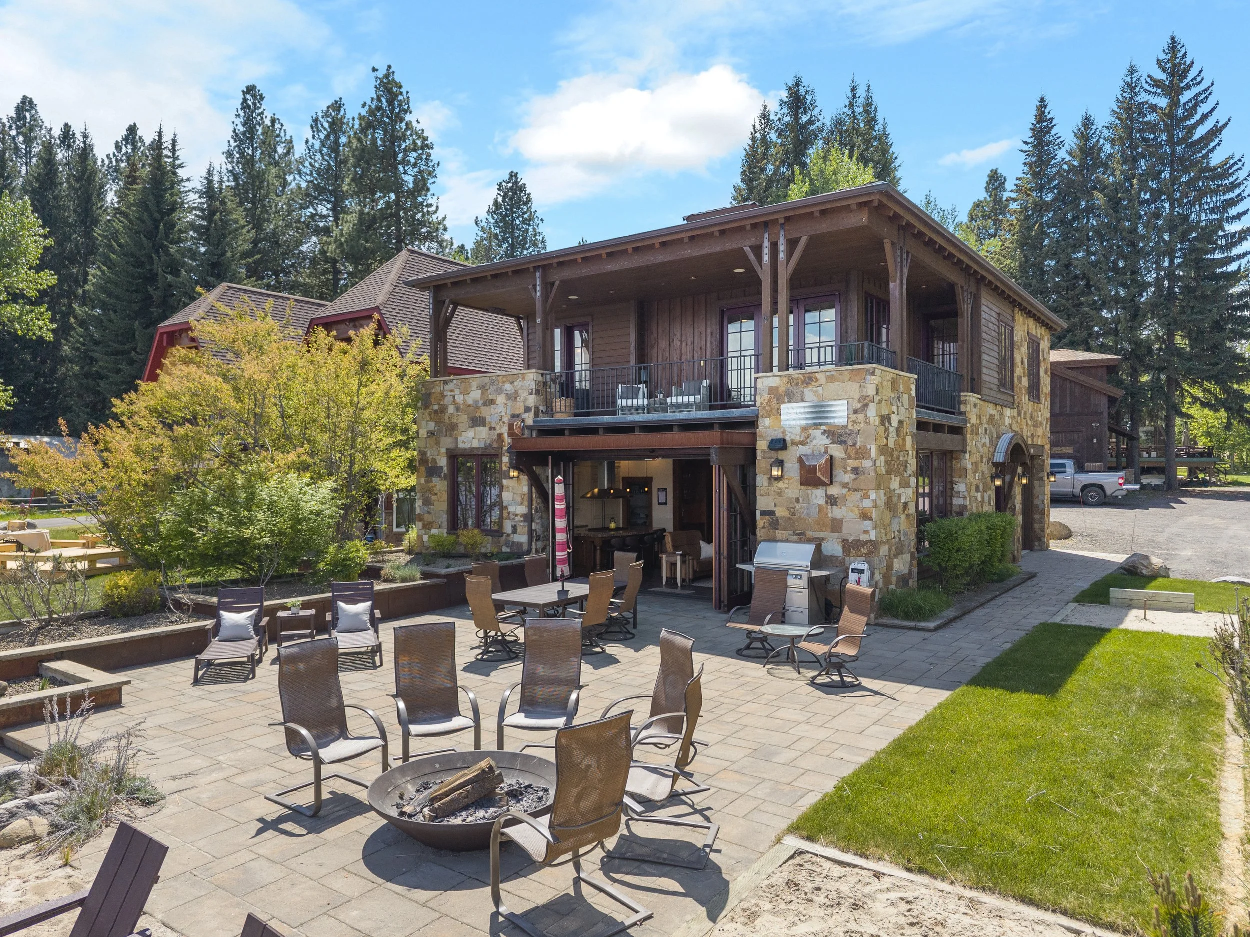 Aerial drone photo of luxury lakeside rental in McCall Idaho