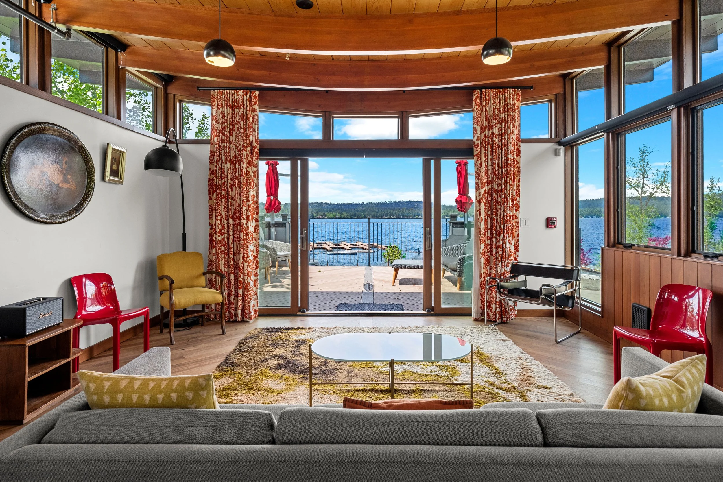 A MCM living room overlooking Lake Payette in McCall Idaho