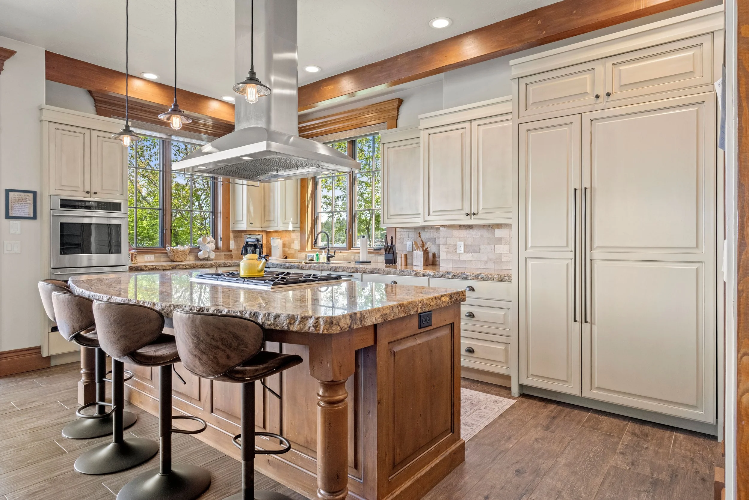 Open concept kitchen with modern accents in a McCall lakeside home