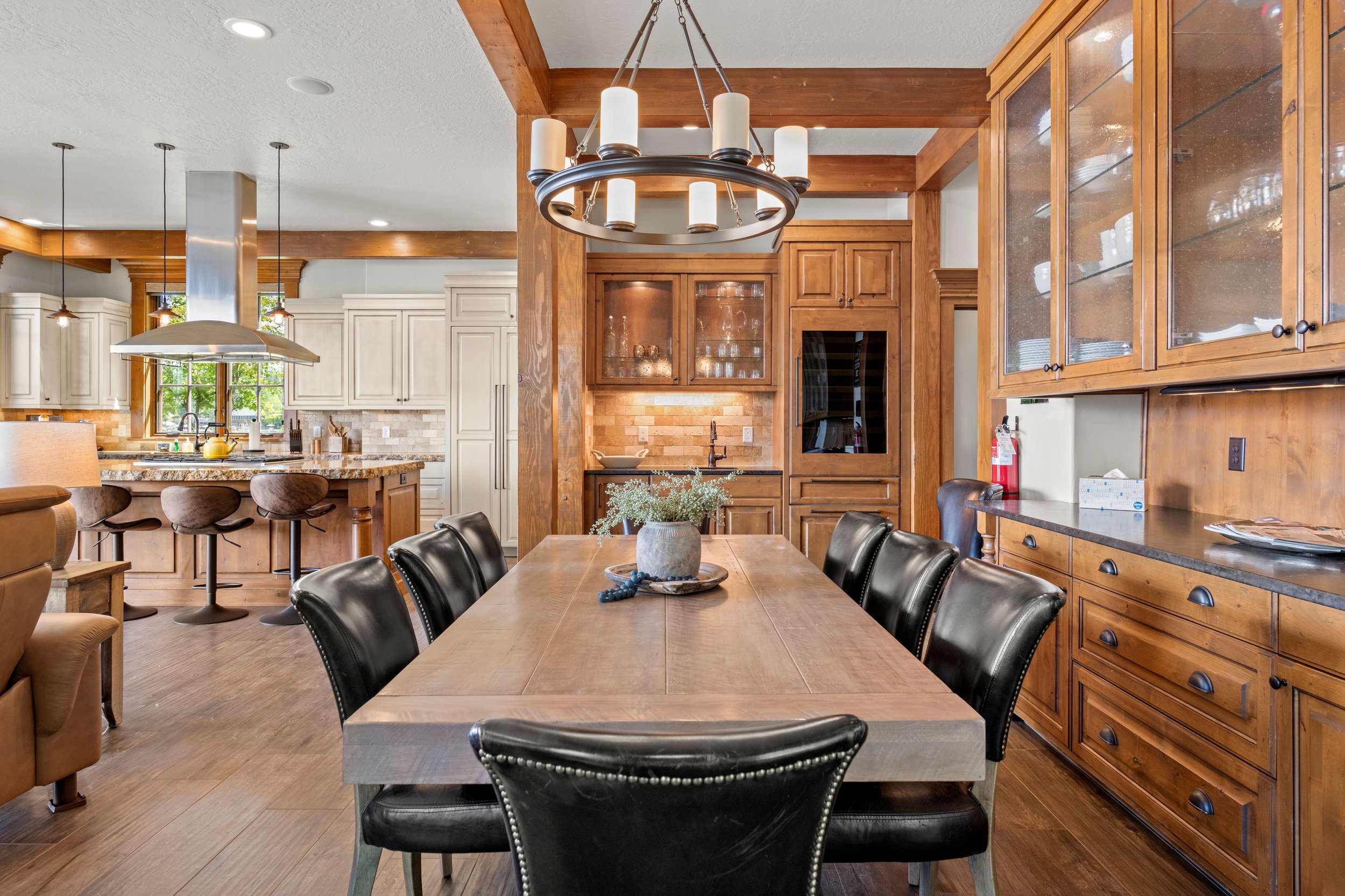 A well appointed dining room in a luxury rental on Lake Payette, McCall Idaho