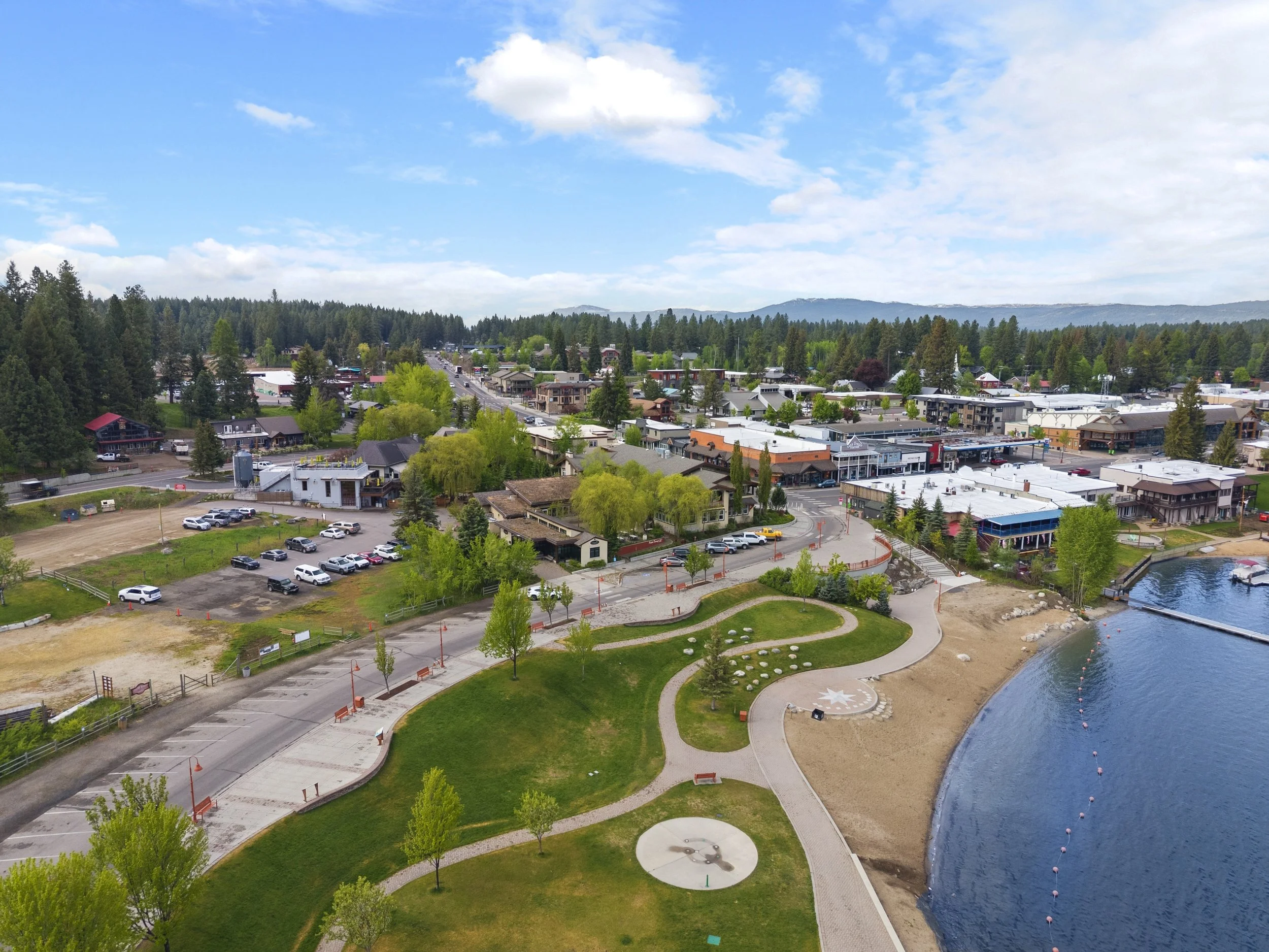 Aerial drone photo of Legacy Park and downtown McCall Idaho