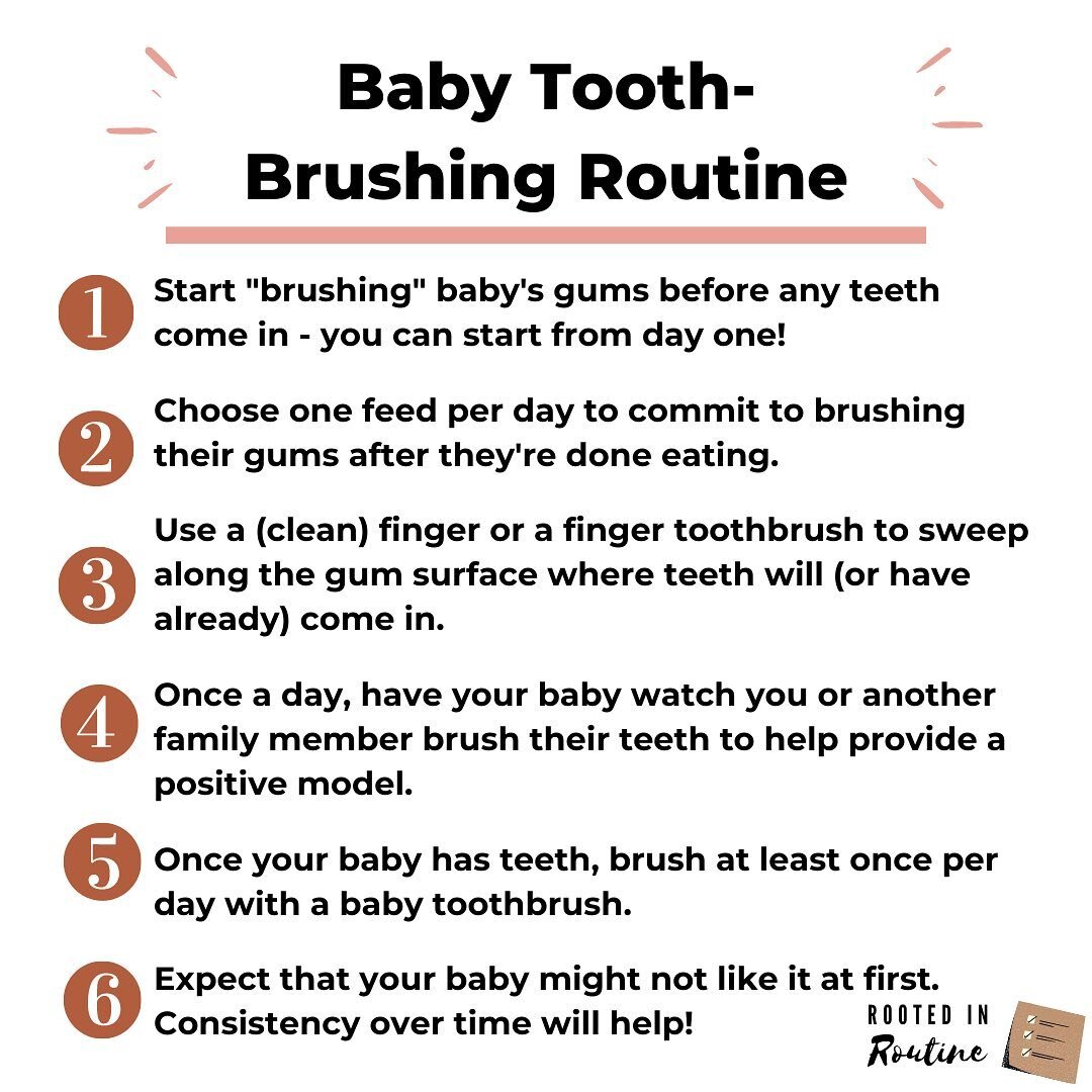 Did you know it&rsquo;s recommended to start &ldquo;brushing&rdquo; your baby&rsquo;s gums before they even have any teeth? 🤯 This is for a couple reasons ⤵️:
.
🦷 To desensitize your baby&rsquo;s mouth to oral input
🦷 To help your baby &ldquo;map&