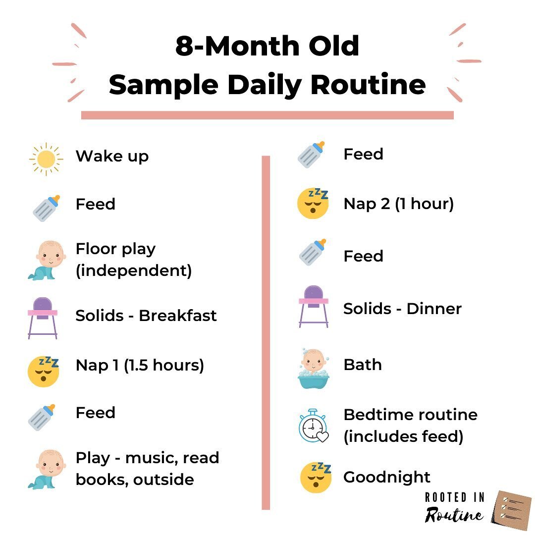 Jack turned EIGHT MONTHS old yesterday! 🥰 Sharing a snapshot of our current daily routine. We officially transitioned from 3 to 2 naps and had to shift around our feed routine a bit to accommodate.
.
👉 NOTE: These times are APPROXIMATE. We do not s