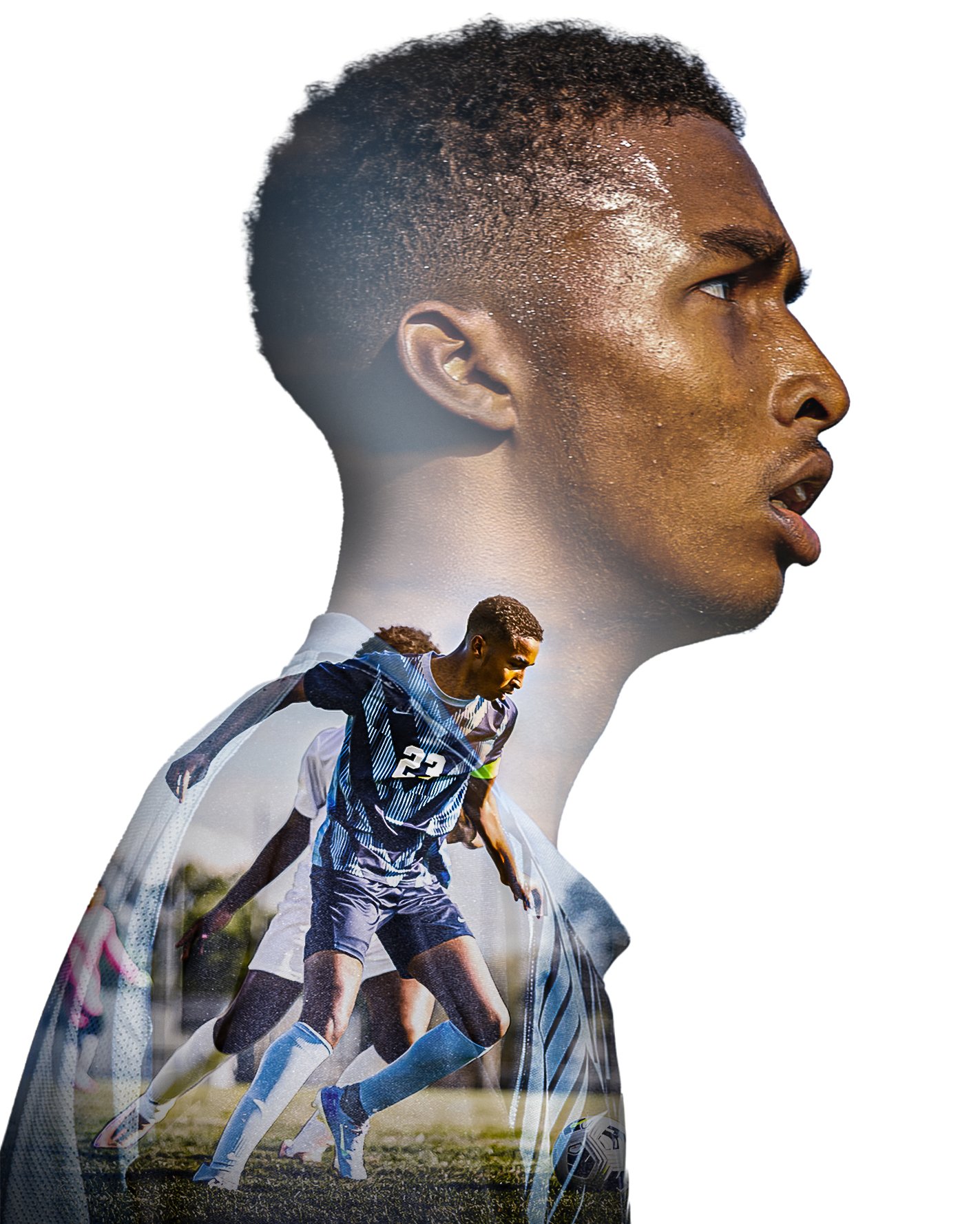 Creative composite portrait blending a Highland Regional player's determination with in-game action — a stylized look at high school soccer photography in Gloucester County, NJ.