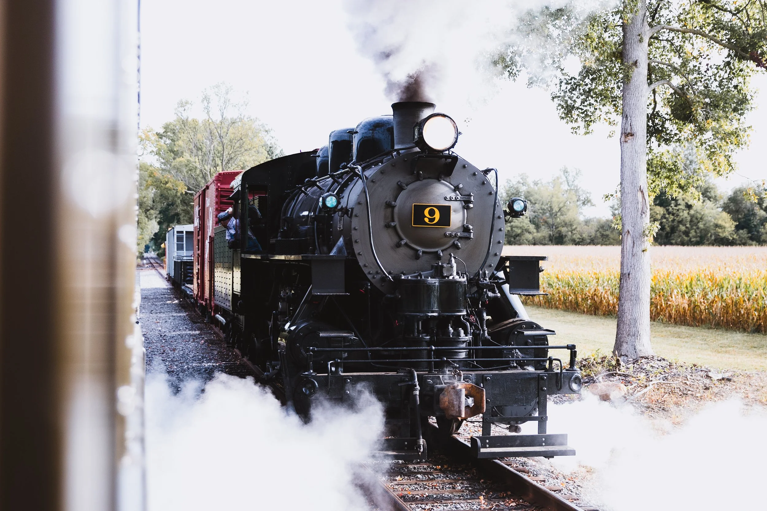 A vintage black steam locomotive with the number 9 on the front, emitting steam and smoke, pulling passenger cars through a rural area with trees and a field of crops in the background.