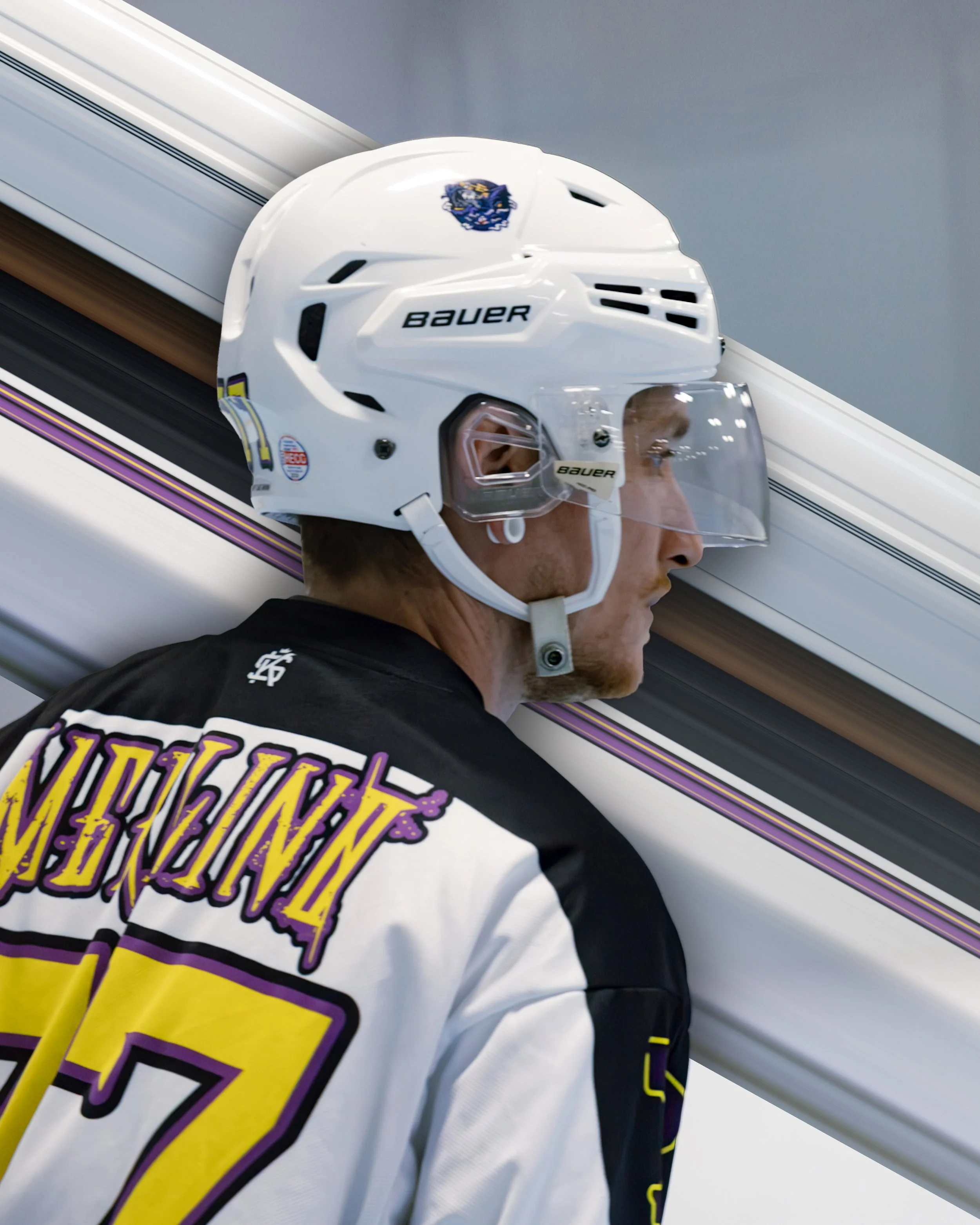 Close-up portrait of a roller hockey player waiting on the bench during a game at Choice Inline Arena in Pitman, New Jersey