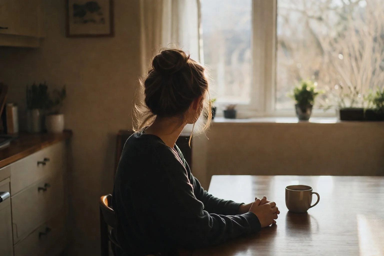 Woman sitting alone at a kitchen table with hands clasped, facing away from camera, untouched coffee cup nearby