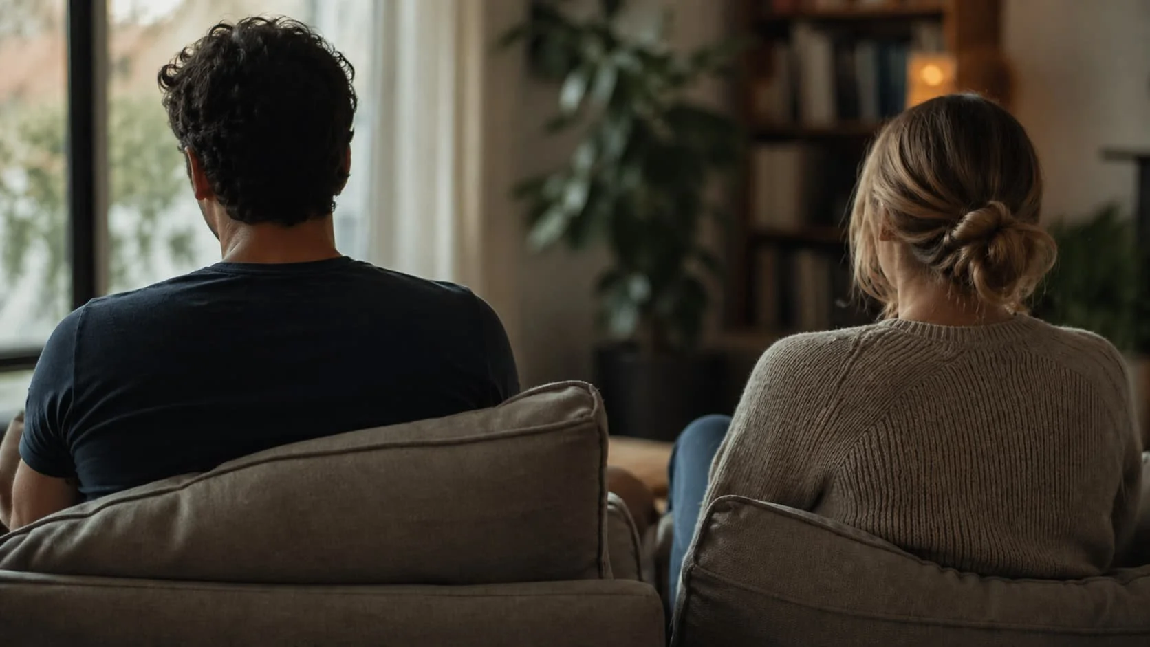 Two people sitting apart on a couch, seen from behind, facing away from each other in a quiet living room