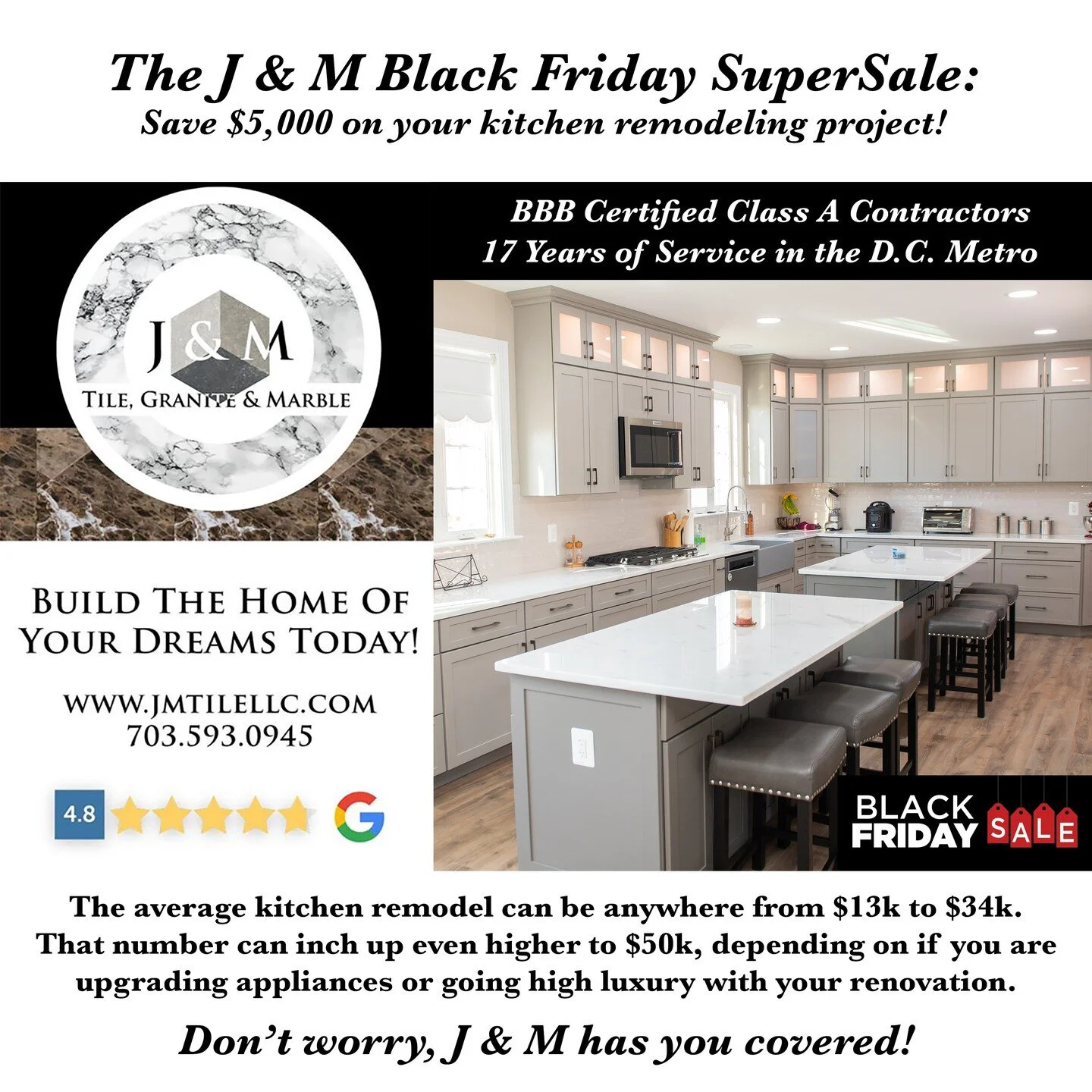 J &amp; M is having a special 2022 Black Friday sale! Get $5k off your luxury kitchen remodeling project. Give us a call at 703-593-0945 or visit us online at jmtilellc.com to learn more. We look forward to hearing from you; Happy Thanksgiving!
.
.
#