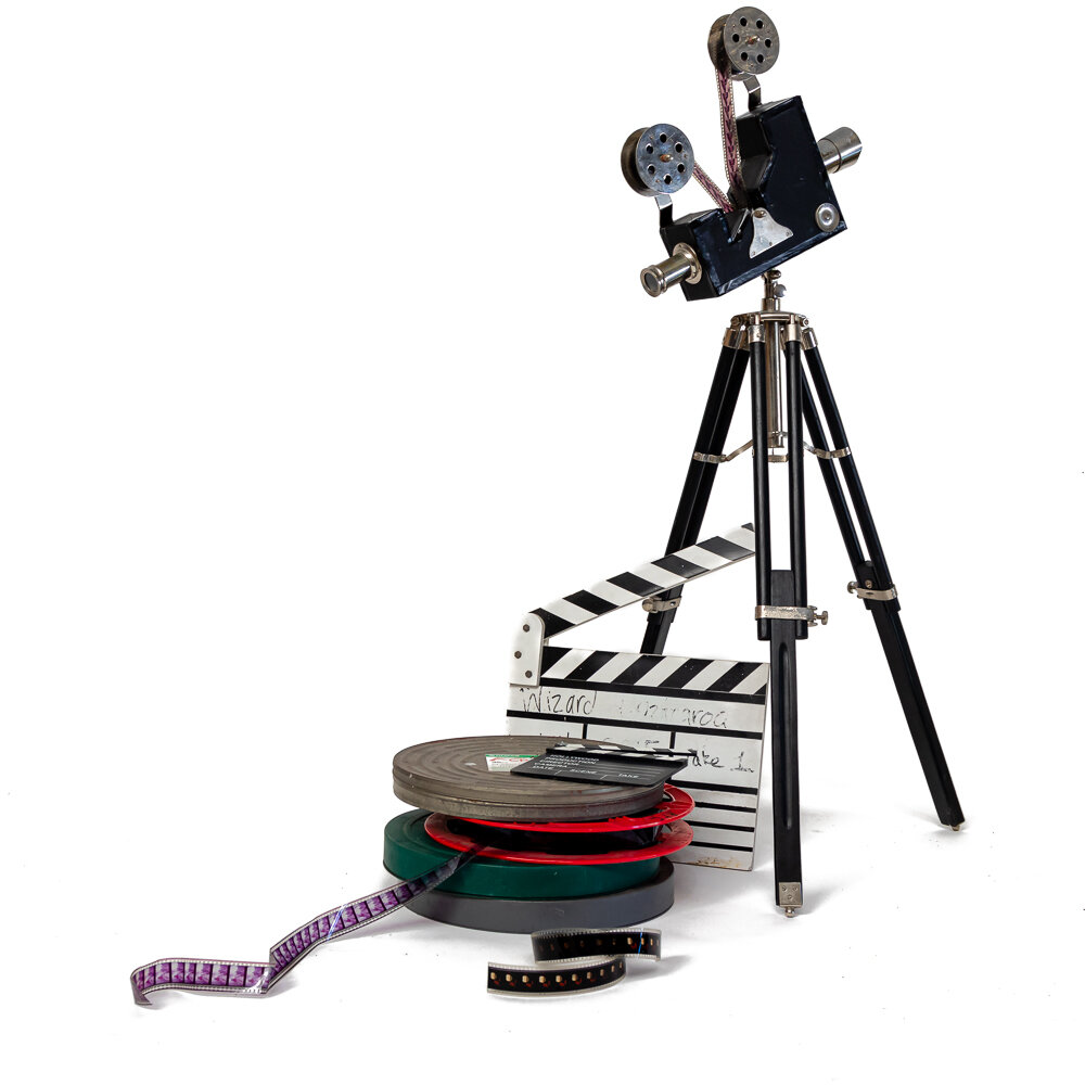 Vintage Camera, film reels &amp; clapper board
