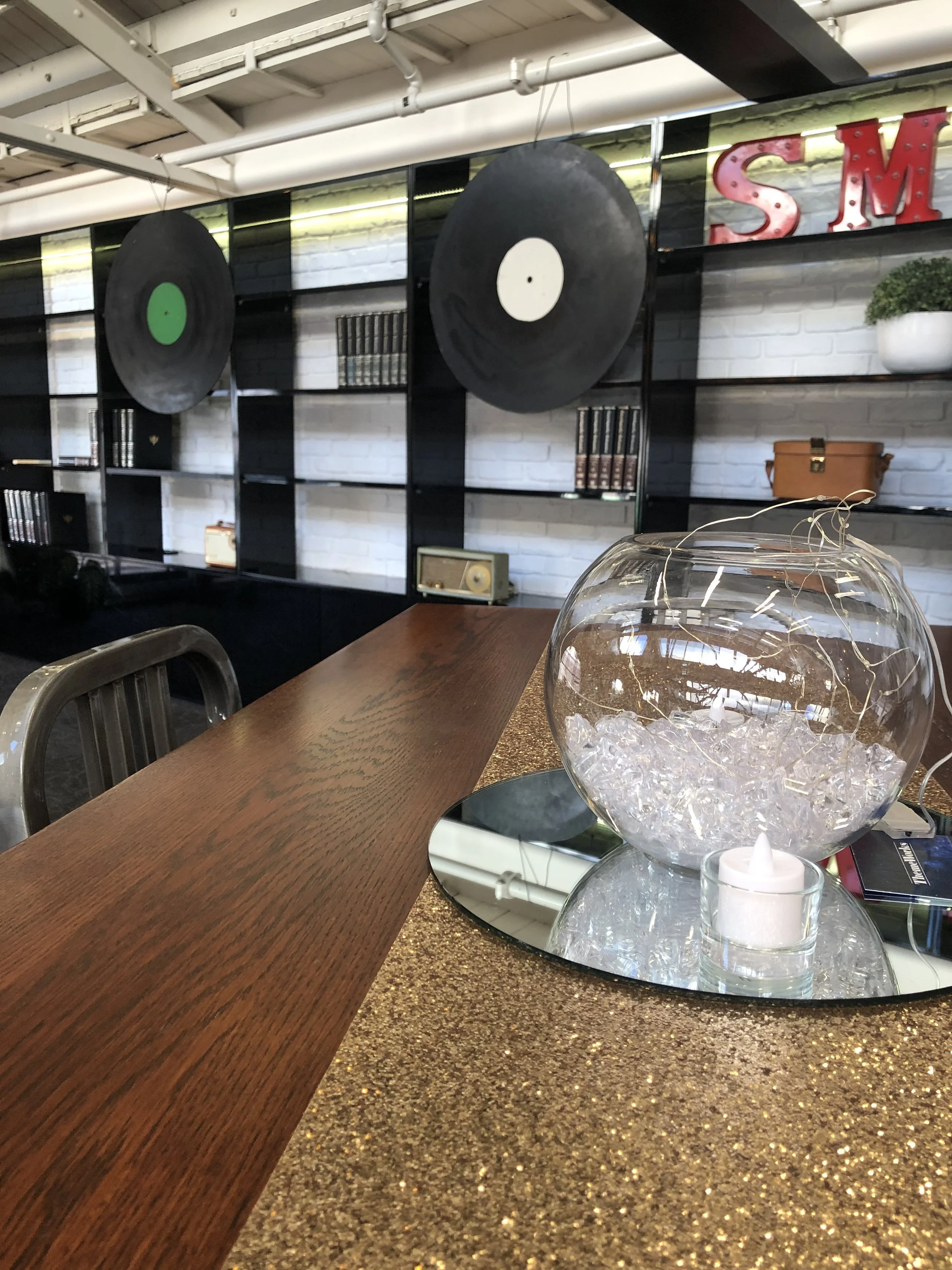 Clear chips, white lights, mirror base, gold runner, tea lights.jpg