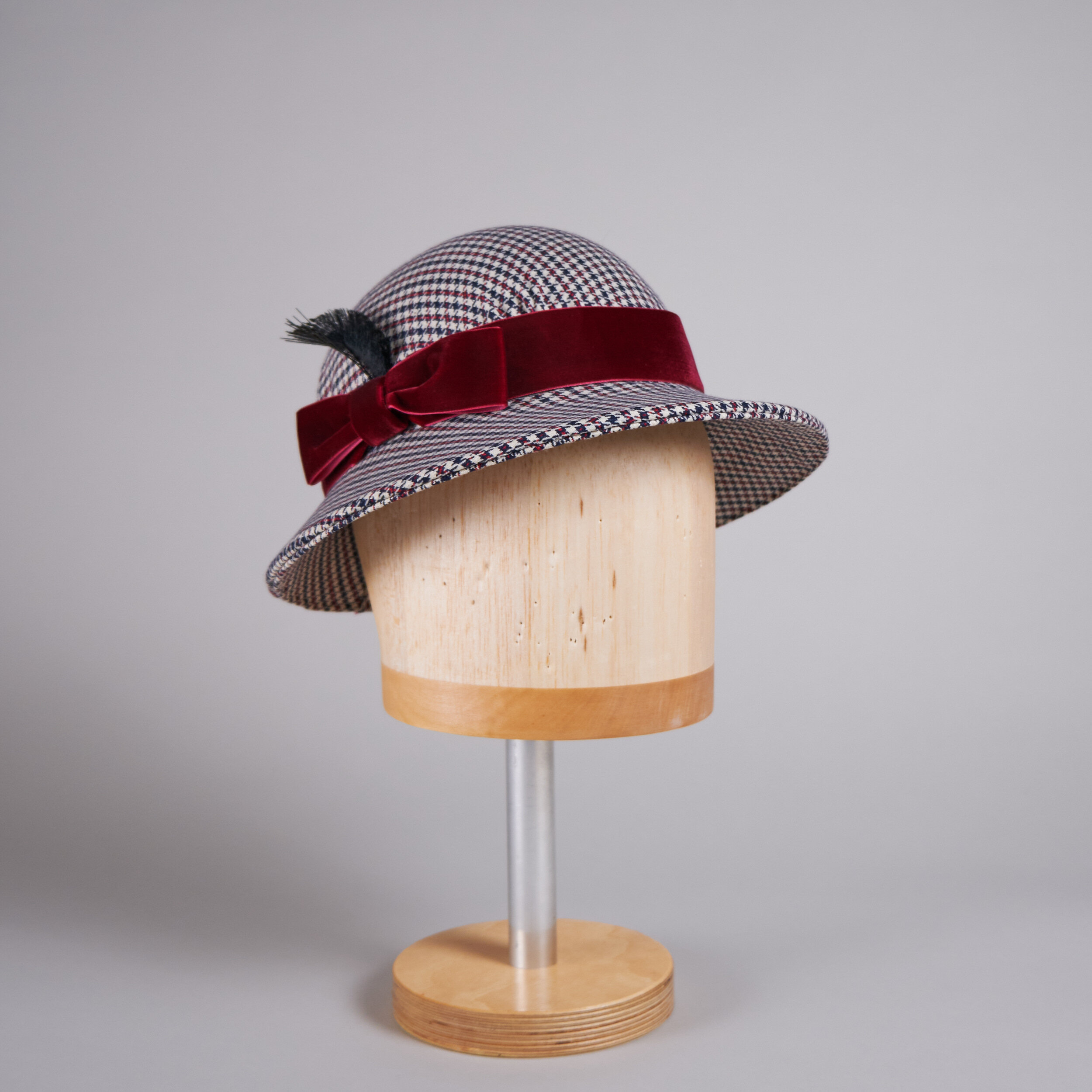 Navy, cranberry &amp; white checked hat
