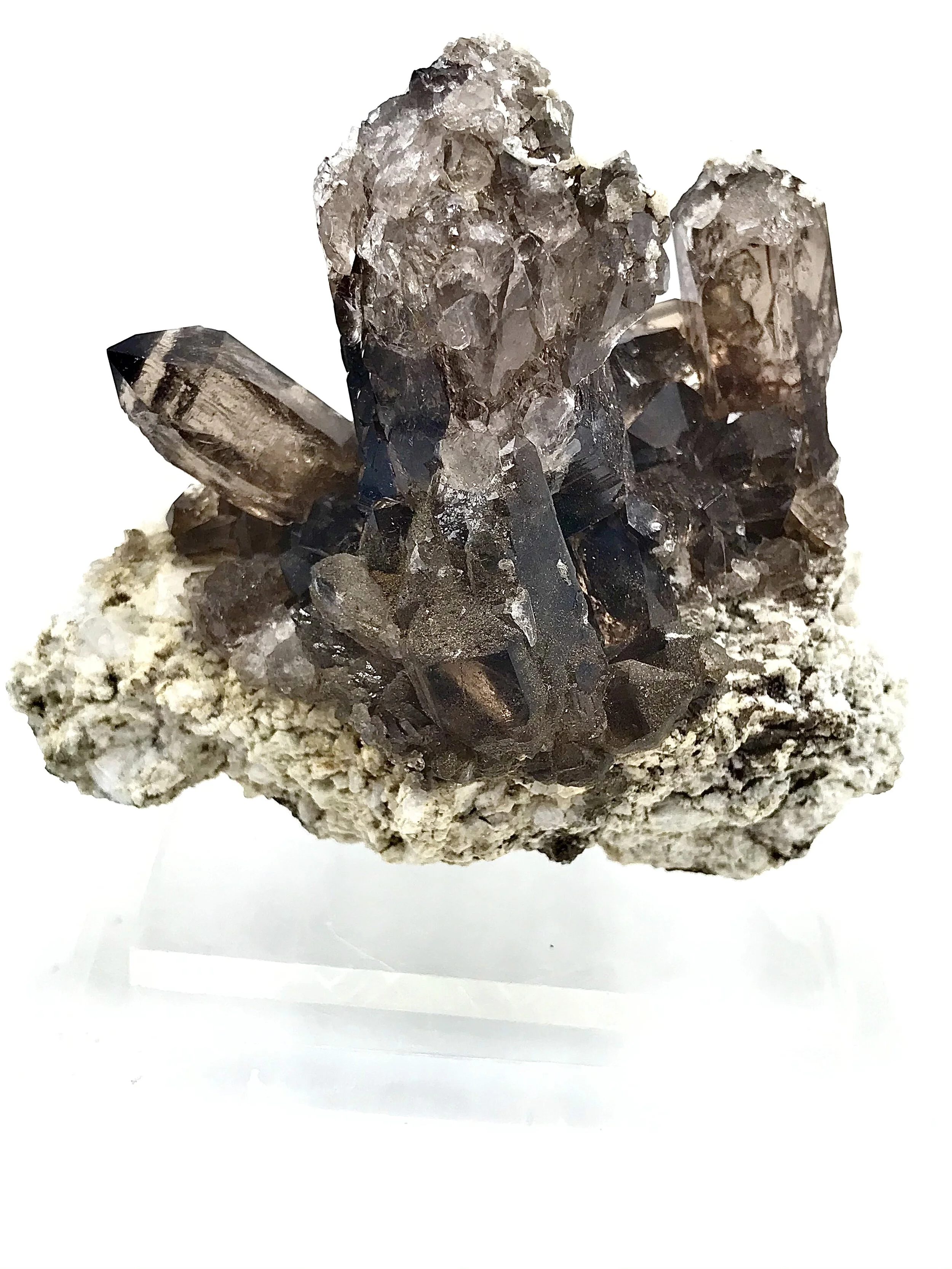 Dark and Gemmy Smokey Quartz Cluster on Calcite 