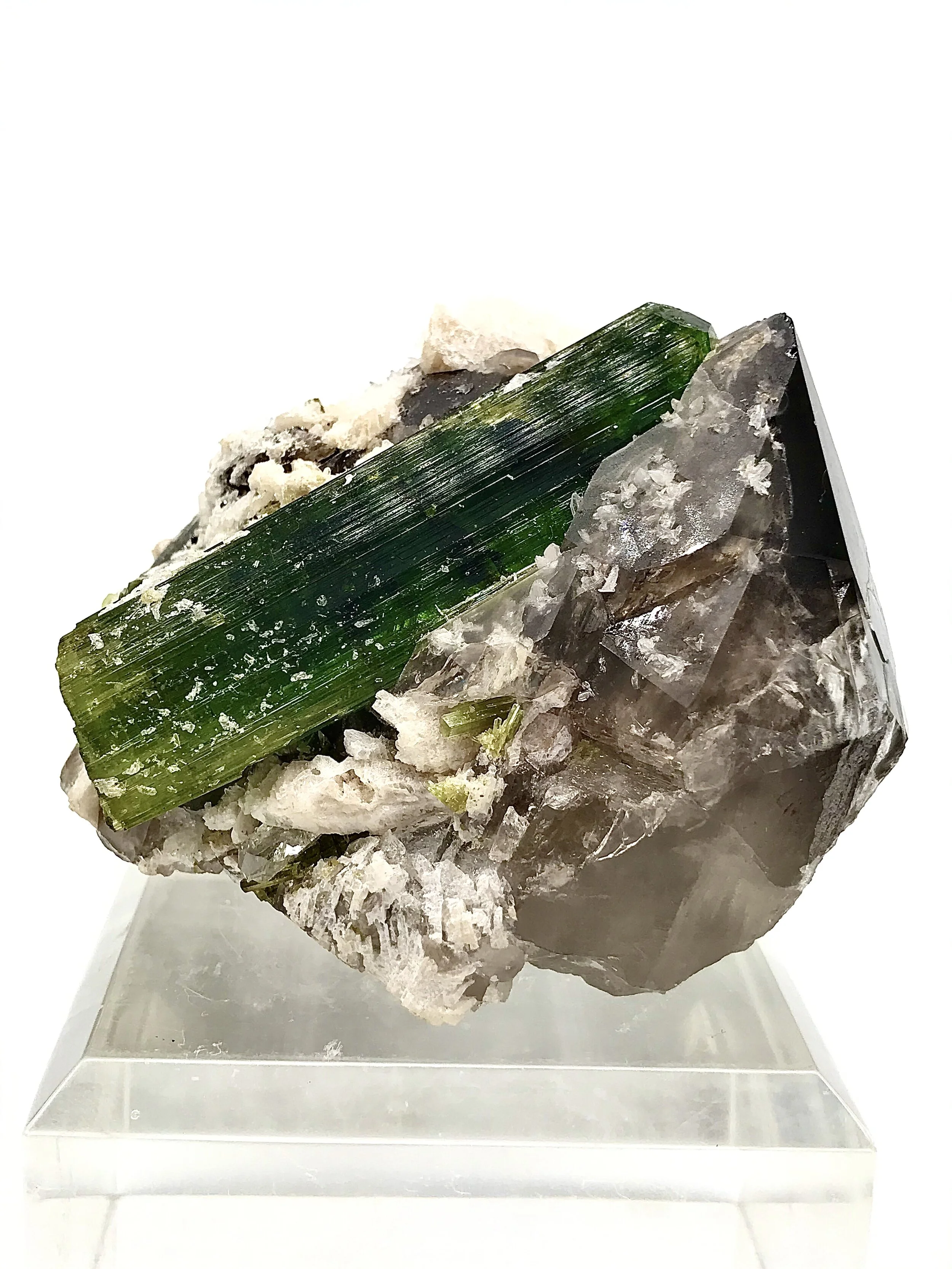 Deep Emerald Chrome Tourmaline Wand on Smokey Quartz with Blue Topaz