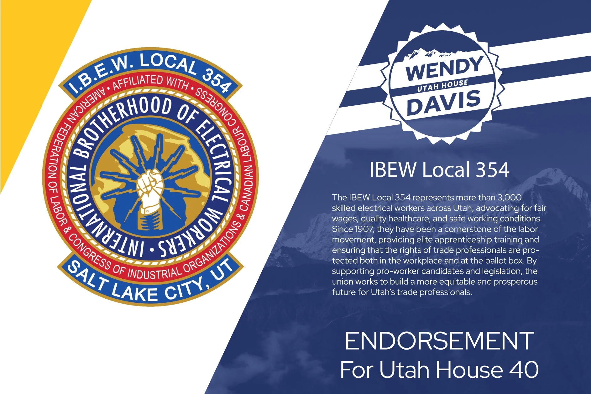 Endorsement from IBEW Local 354 for Wendy Davis, Utah House 40