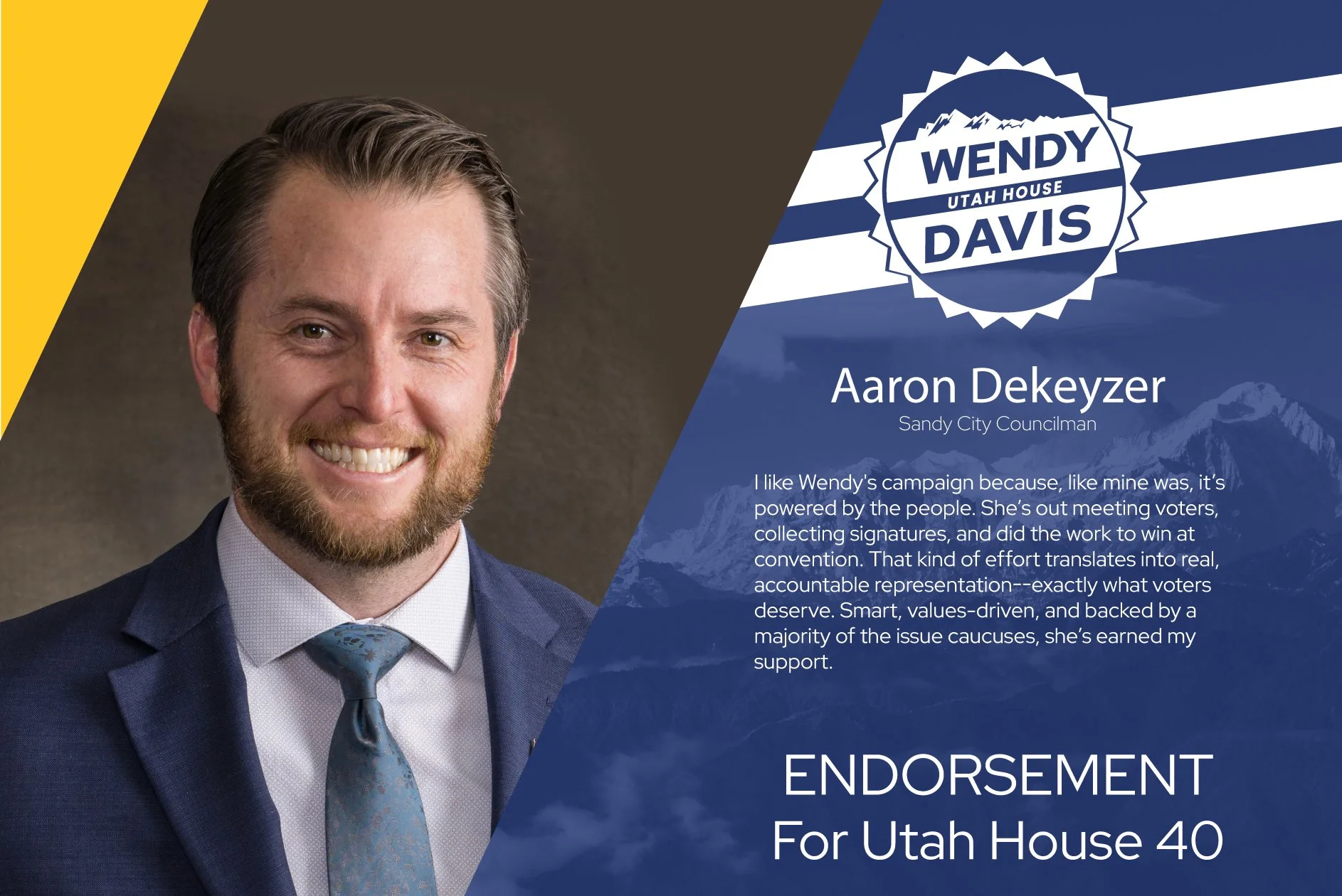 Sandy Councilman Aaron Dekeyzer endorses Wendy Davis for Utah House 40