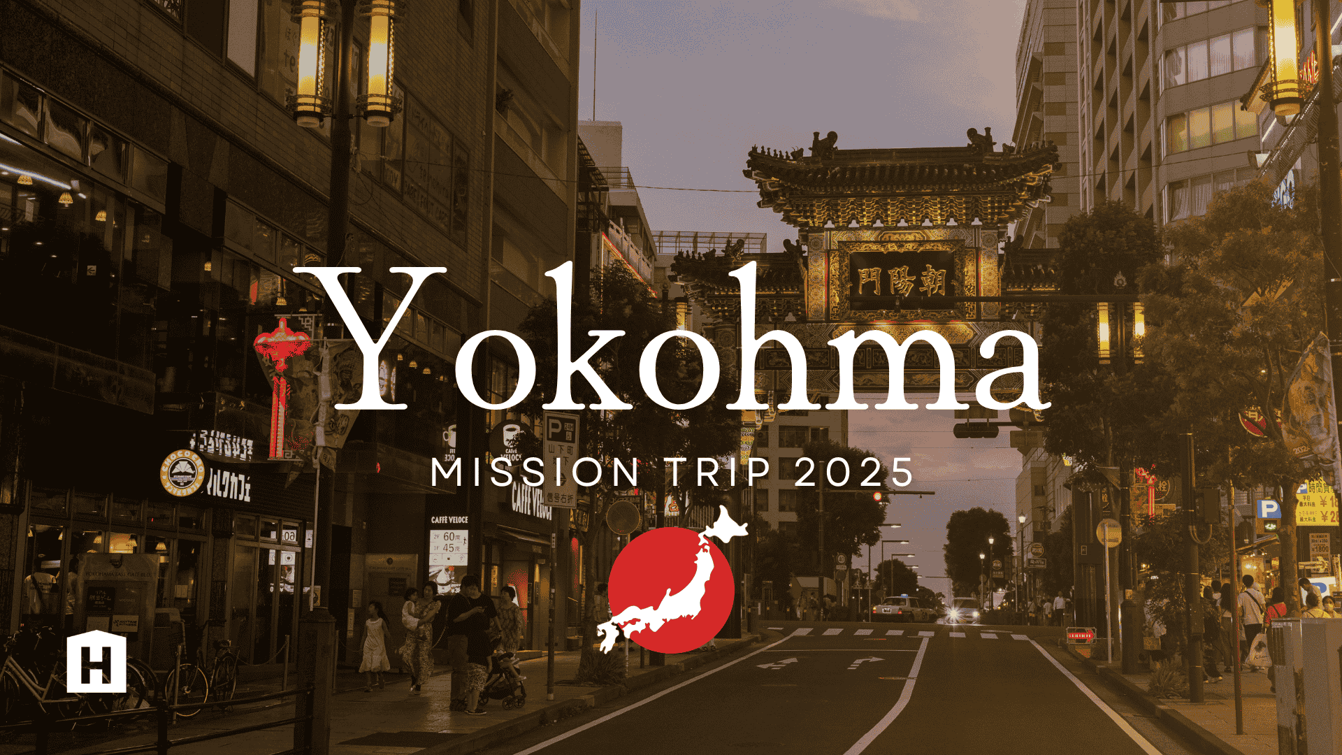 A bustling street scene in Yokohama at dusk with traditional Japanese torii gate and modern buildings, overlaid with white text 'Yokohama' and smaller text 'Mission Trip 2025', with a red circle containing a white map of Japan.