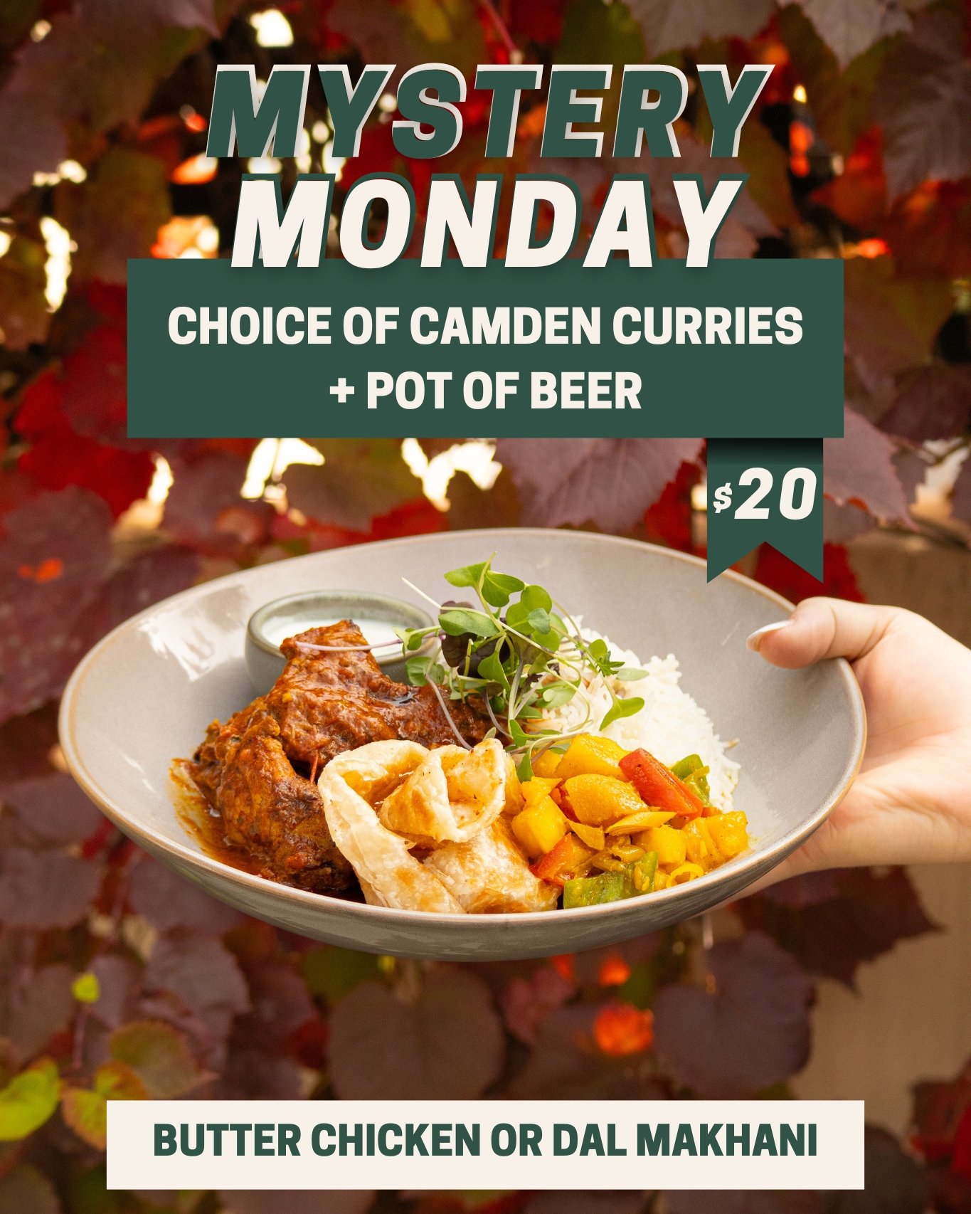 Our Mystery Monday is here to warm your chilly days. For this week only, treat yourself to a combo of The Camden curry and beer for just $20! Hurry up, deliciousness awaits!

#Autumn #spring #winter #fall #veggies #friends #family #foodgasm #veganfoo
