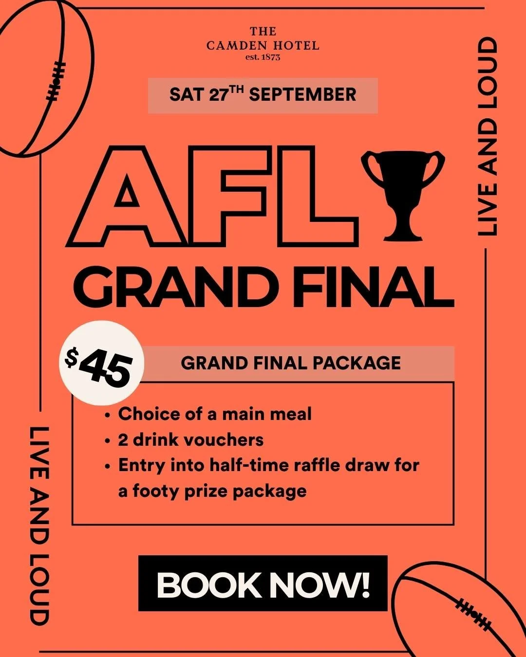 🏉 AFL Grand Final &ndash; Live &amp; Loud at The Camden! 🏆Catch every moment of the action on our big screens across the venue.
🔥 Sports Bar Package &ndash; $45: Enjoy the ultimate game-day experience with food &amp; drinks sorted!
Prefer a more f