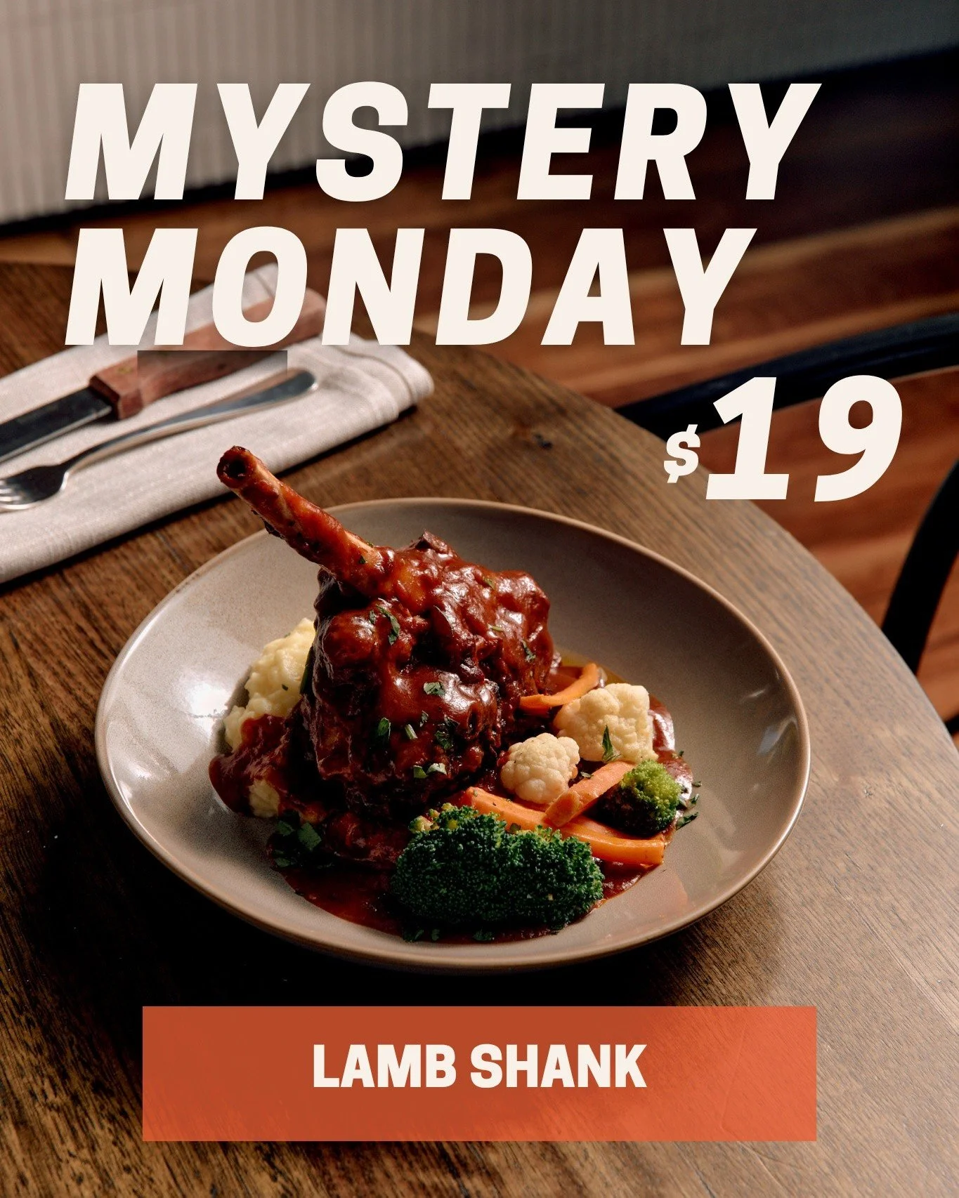 Mystery Monday is serving up a good one this week!
A hearty lamb shank for just $19. Good food, great value and one less reason to cook tonight.
It's sure to be sold out quickly so reserve your table now. See you at The Camden!