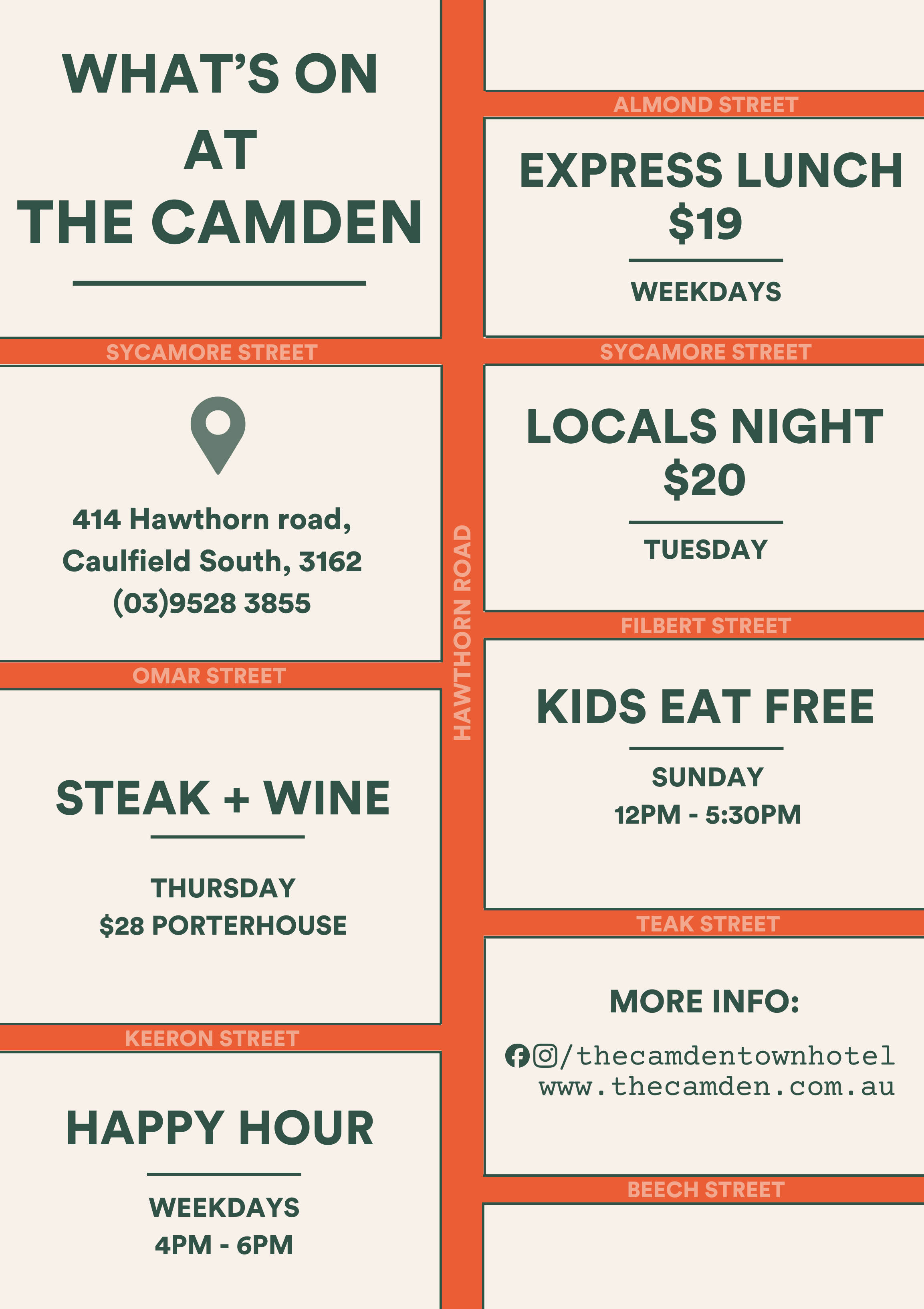 Poster showcasing upcoming events and specials at The Camden restaurant in Caulfield South. Events include Express Lunch for $19 on weekdays, Locals Night for $20 on Tuesday, Kids Eat Free on Sunday from 12 PM to 5:30 PM, Steak + Wine night on Thursd