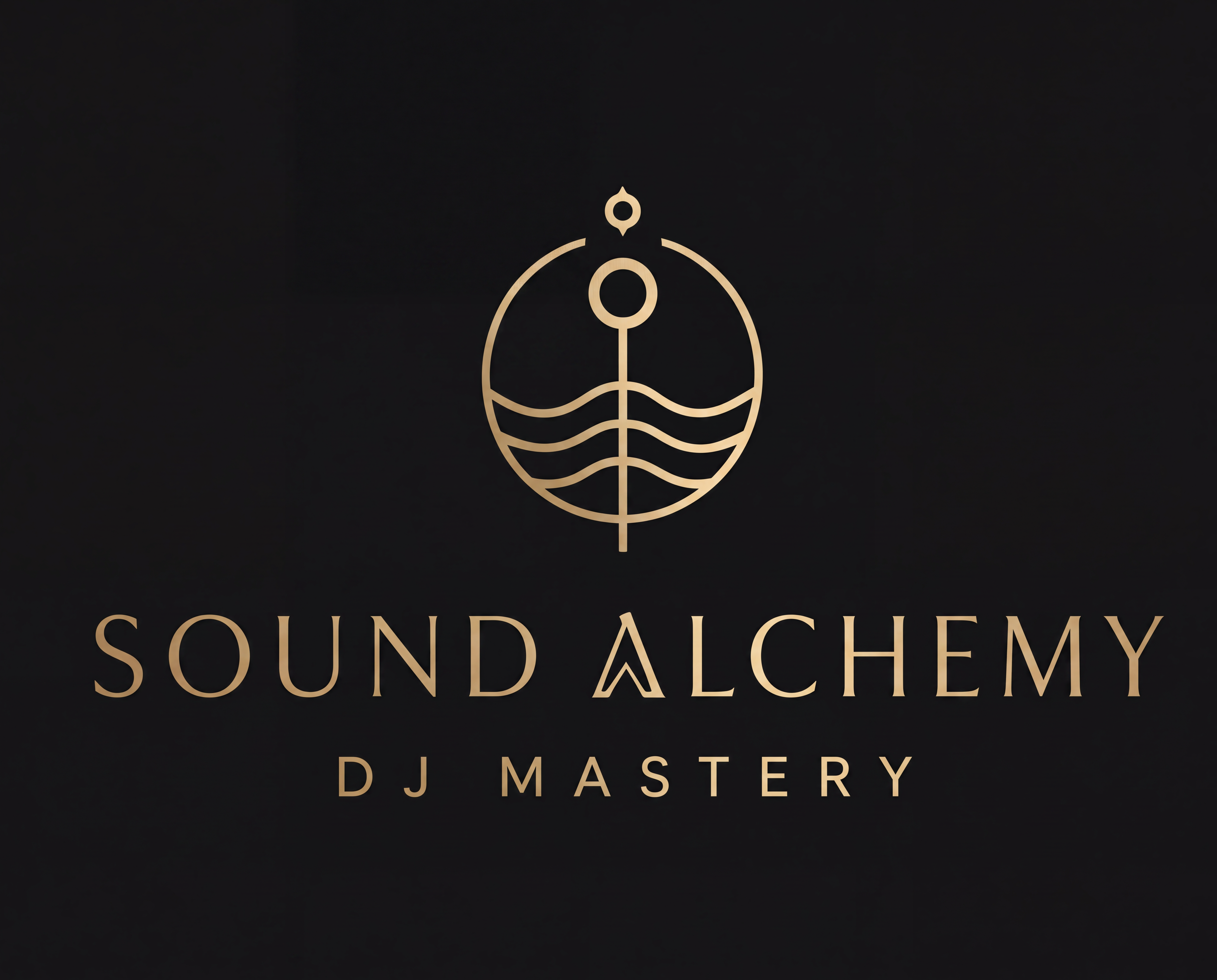 Black background with a gold logo of a geometric female face with a drop-shaped ornament above the nose, above the text 'Sound Alchemy' and 'DJ Mastery' written in gold.
