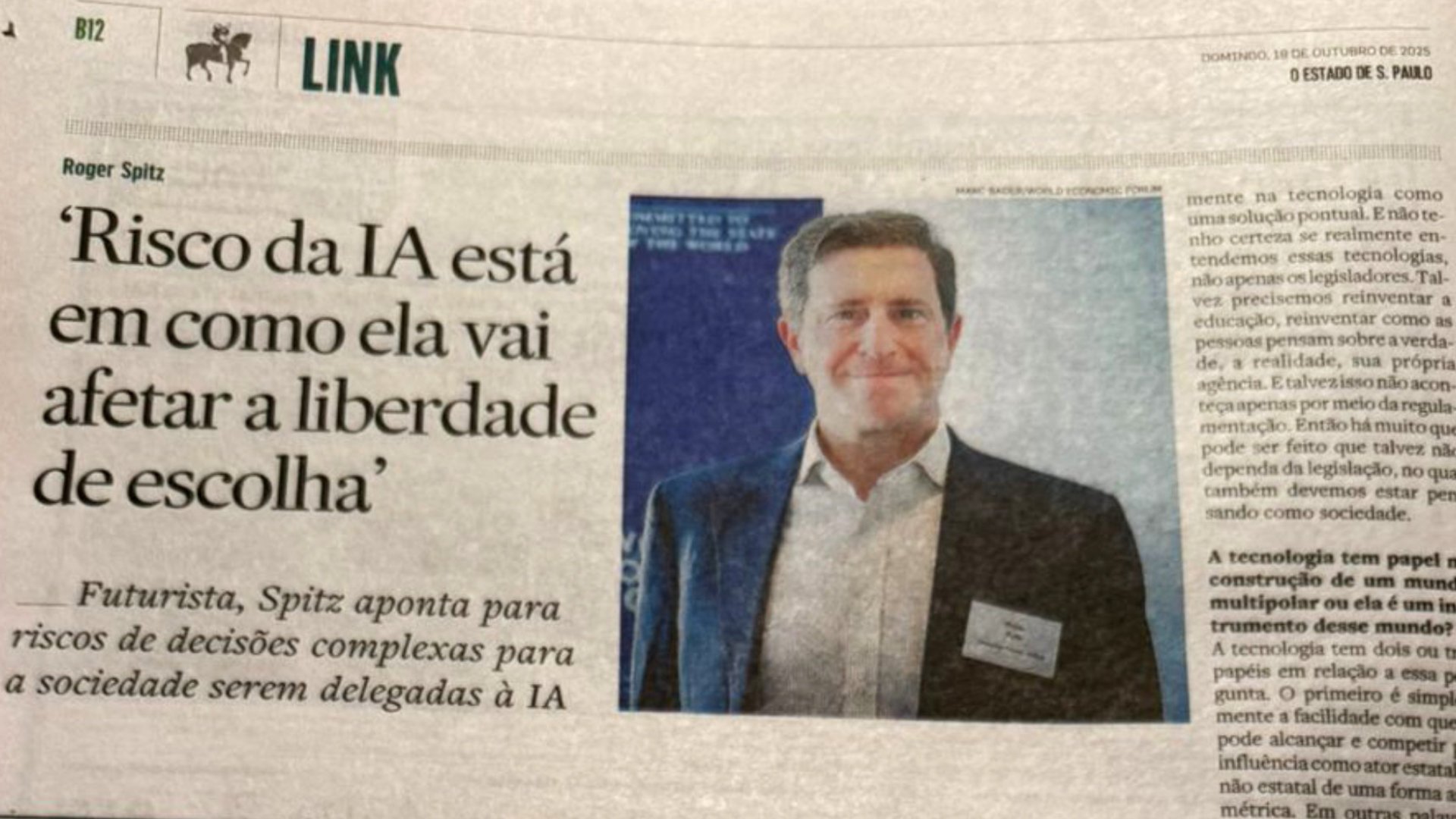 Full-page interview of leading futurist keynote speaker Roger Spitz in Sunday edition of Estadão