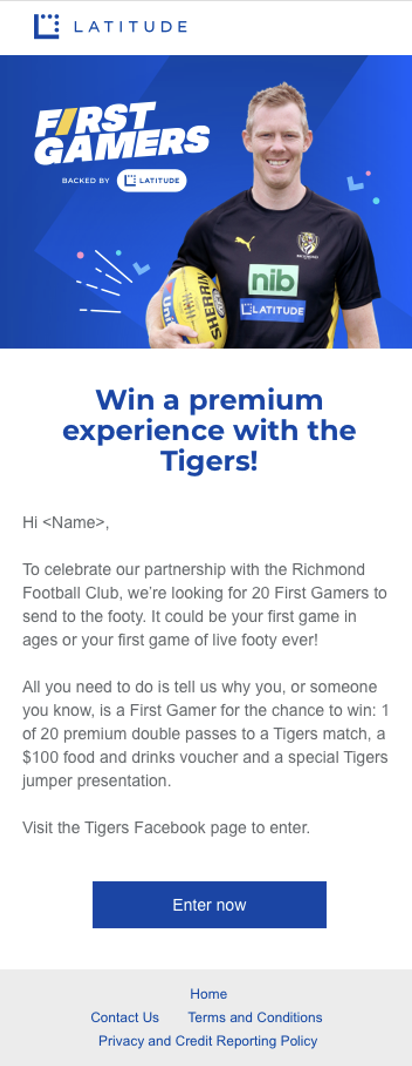 Promotional graphic for a contest to win a premium experience with the Tigers, featuring Jack Reiwoldt in a Tigers football jersey holding a football, with sponsorship logos and contest details.