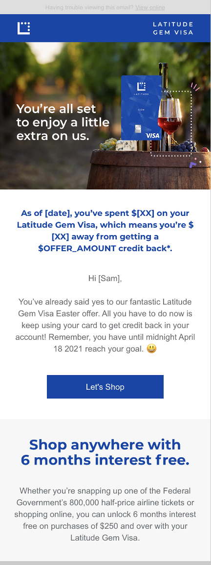 Email notification from Latitude GEM Visa with a background image of a wine bottle, glass of red wine, grapes, and cheese on a barrel, set outdoors with a blurred green background.