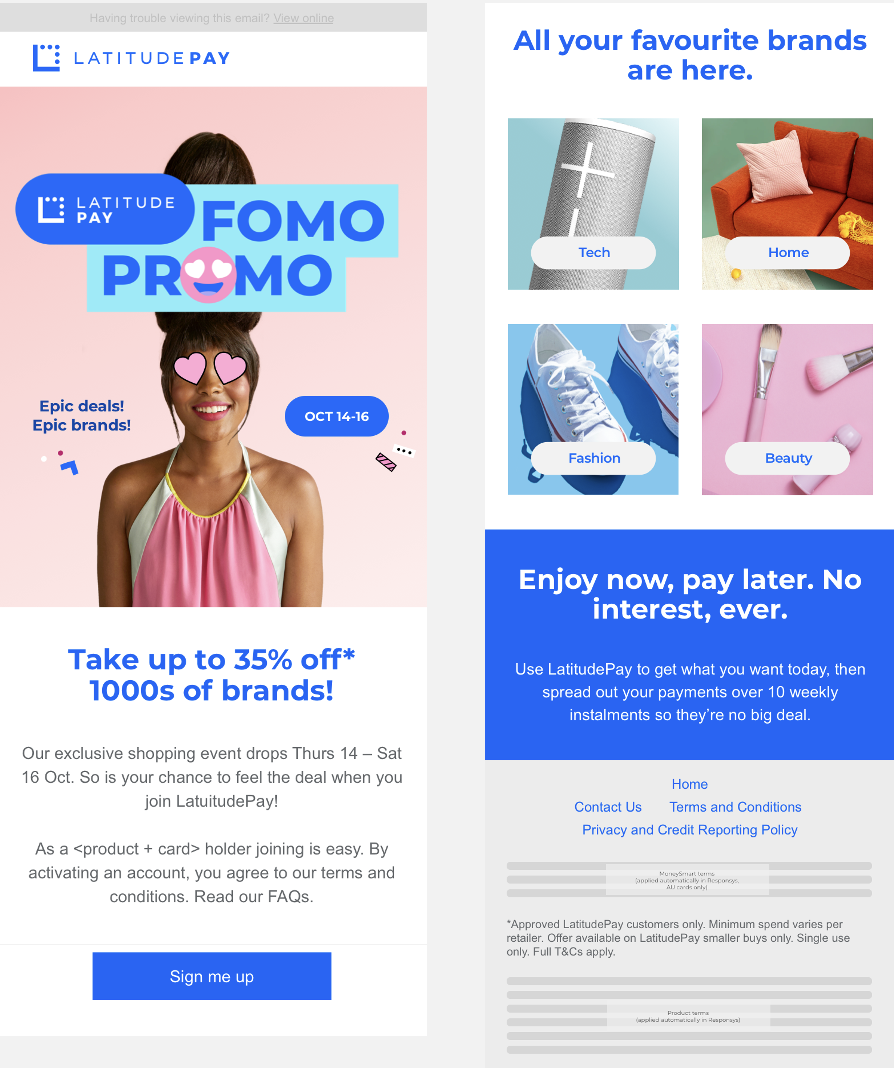 A digital promotional advertisement for LatitudePay featuring a smiling woman with heart-eyes emoji, promoting a sale with up to 35% off on brands from October 14-16, and highlighting categories such as tech, home, fashion, and beauty.