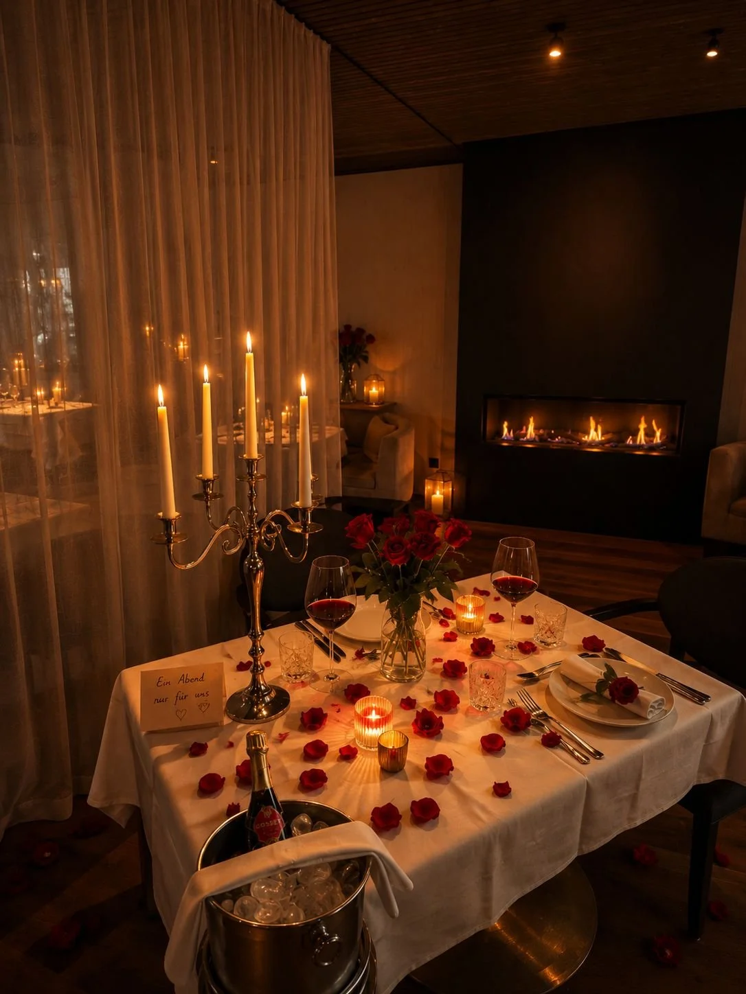 Romantisches Candle-Light-Dinner für zwei im Bad Balgach by Schützelhofer im Rheintal – stilvoll gedeckter Tisch mit Kerzen, Rosen und Kaminfeuer für unvergessliche Date Nights und besondere Anlässe.