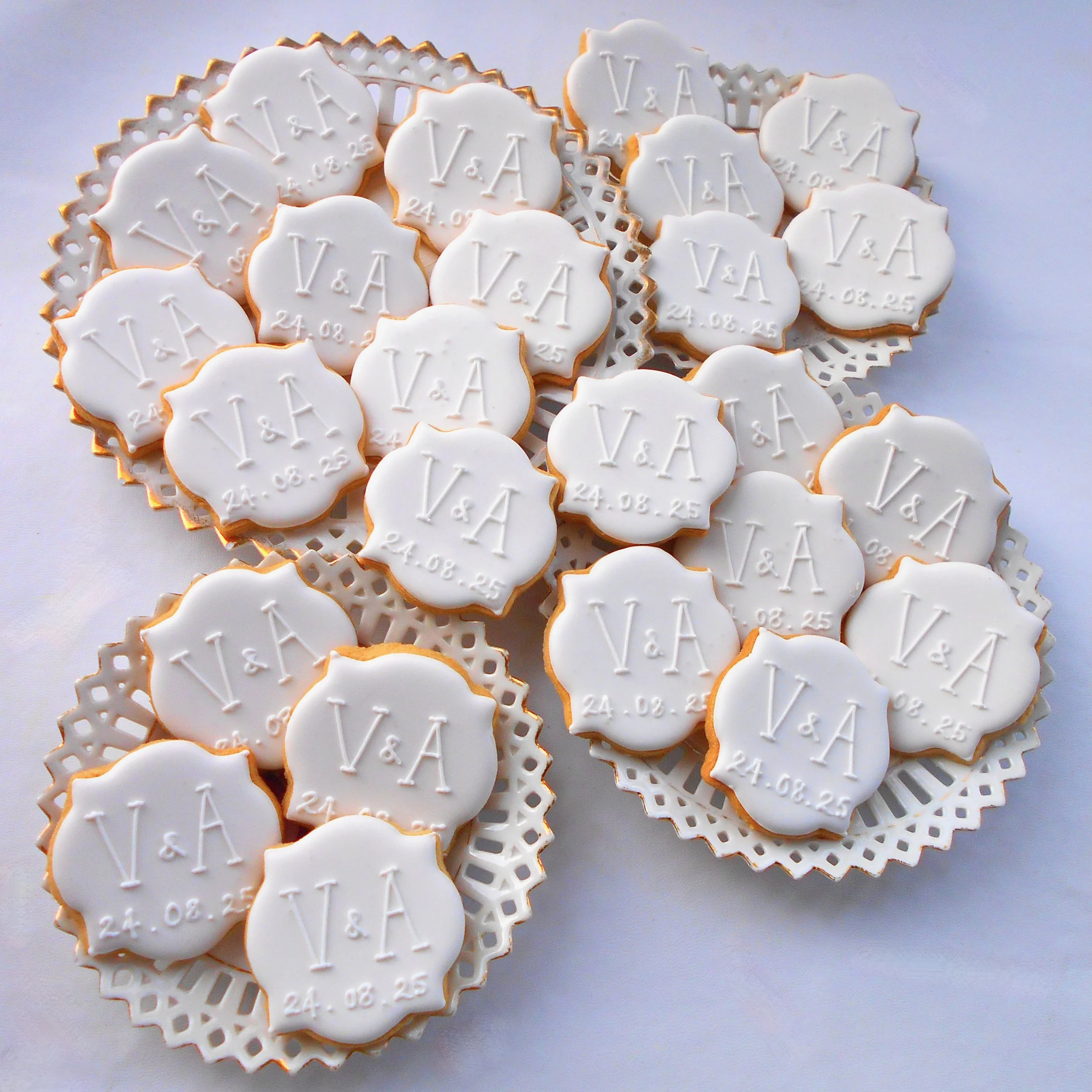 White monogram wedding favours