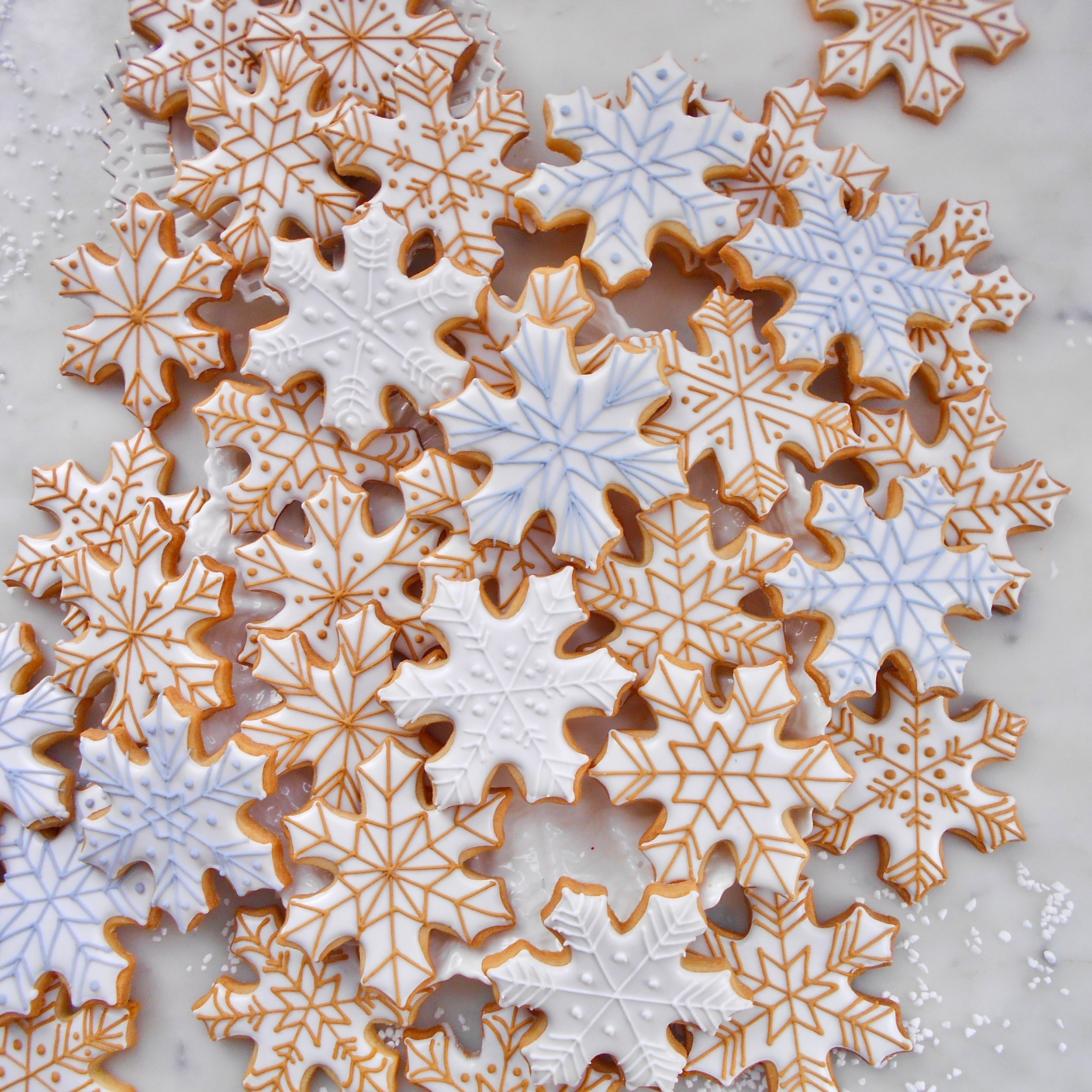 white, gold pale blue snowflakes