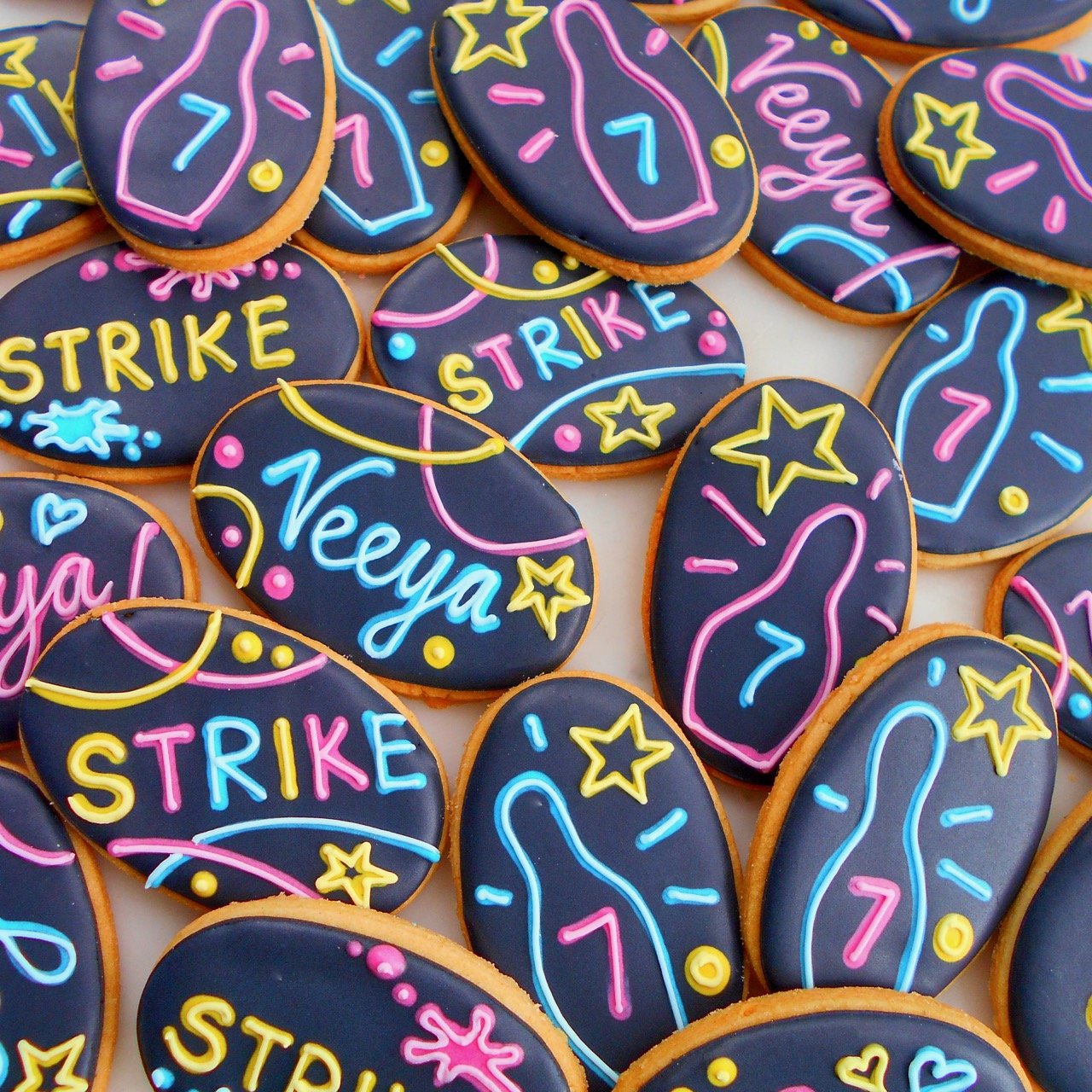 Neon bowling biscuits