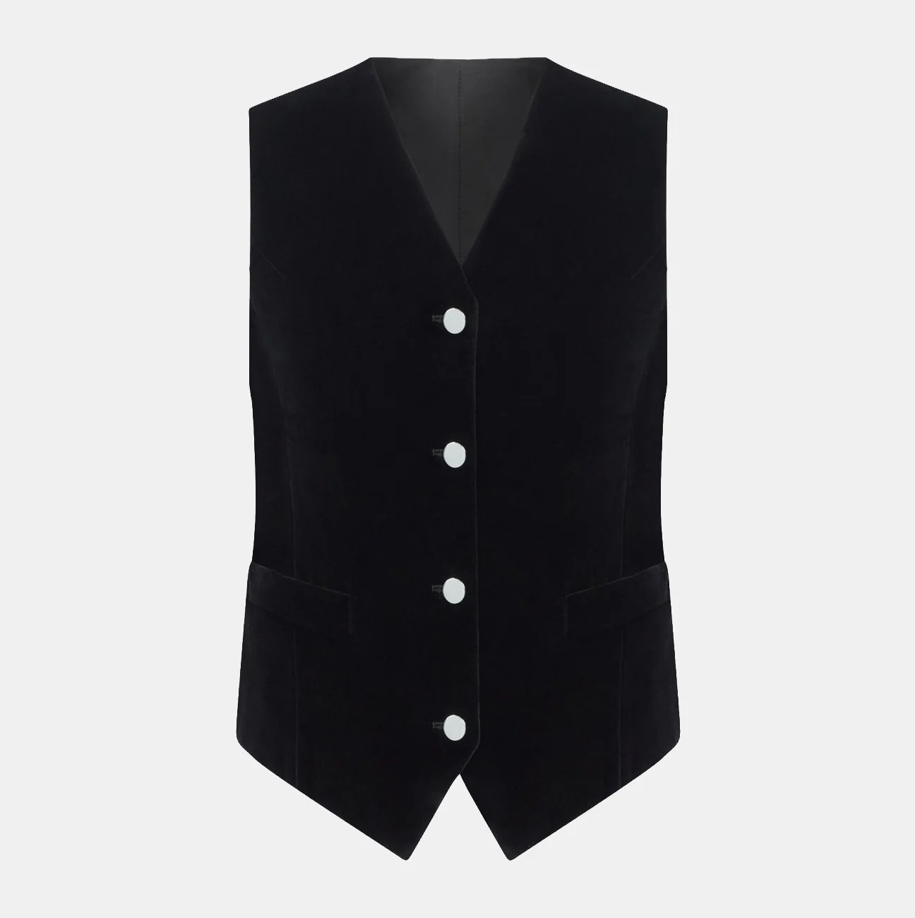 Banshee of Savile Row bespoke women's tailoring showing a black velvet waistcoat with four buttons.