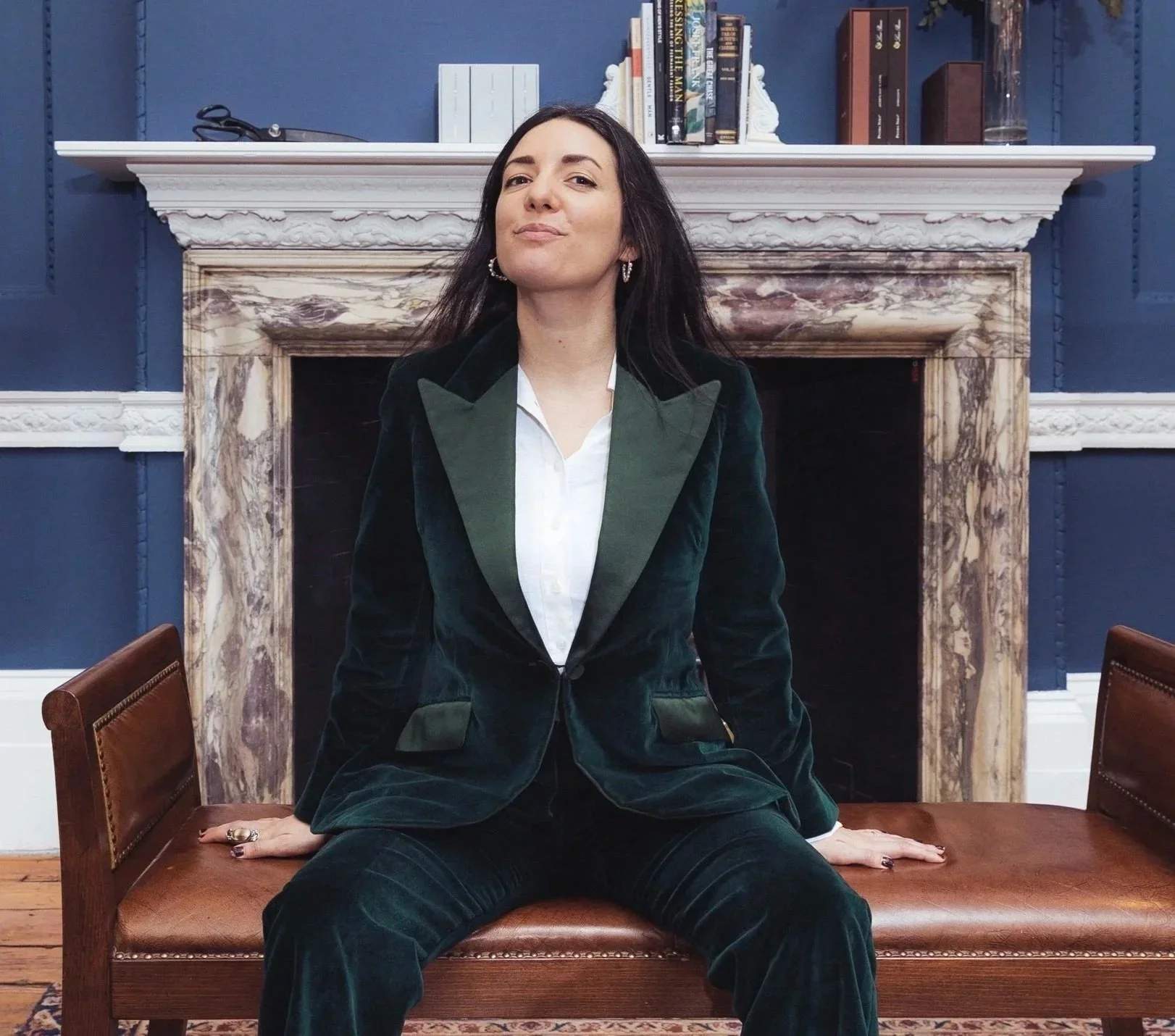 Green velvet tuxedo with silk satin lapel and peaked lapel.