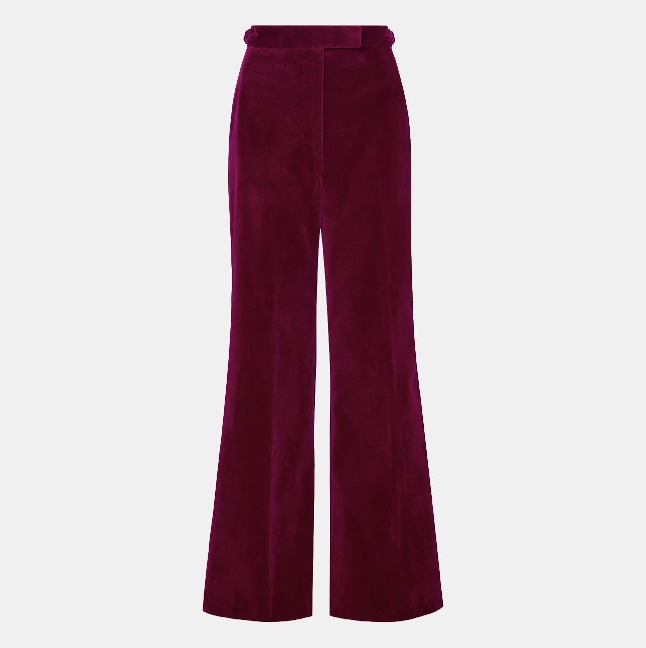 Banshee of Savile Row bespoke women's tailoring showing a pair of pink velvet boot cut trousers, displayed on a white background.