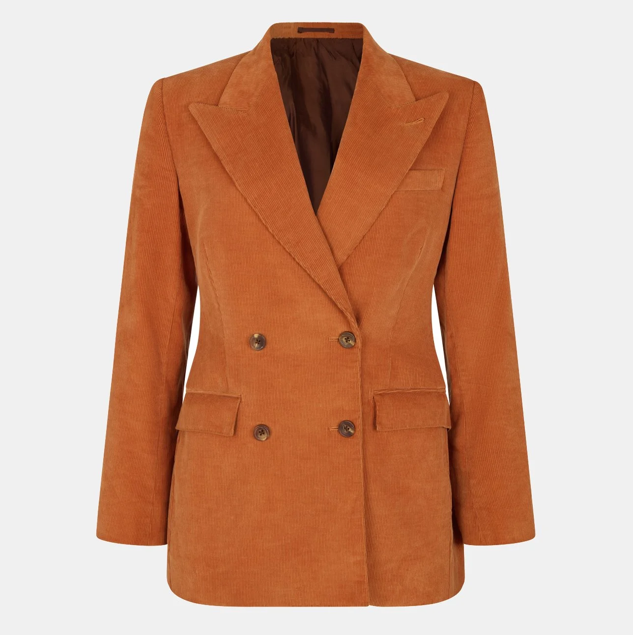 Orange corduroy double breasted blazer with a peaked lapel collar, four front buttons and two flap pockets, displayed against a plain background.