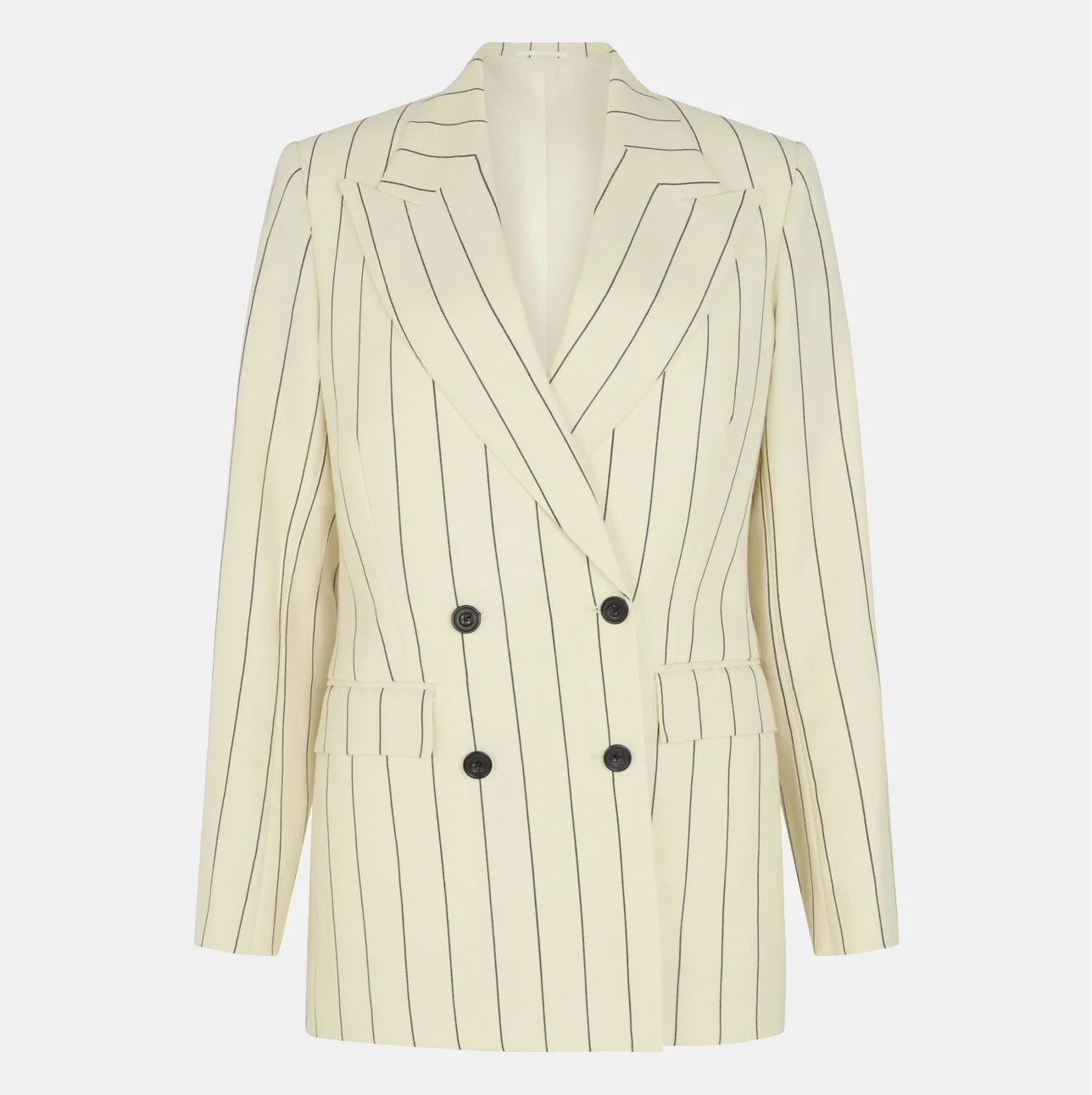 Cream and black striped double breasted blazer with a peaked lapel collar, four front buttons and two flap pockets, displayed against a plain background.
